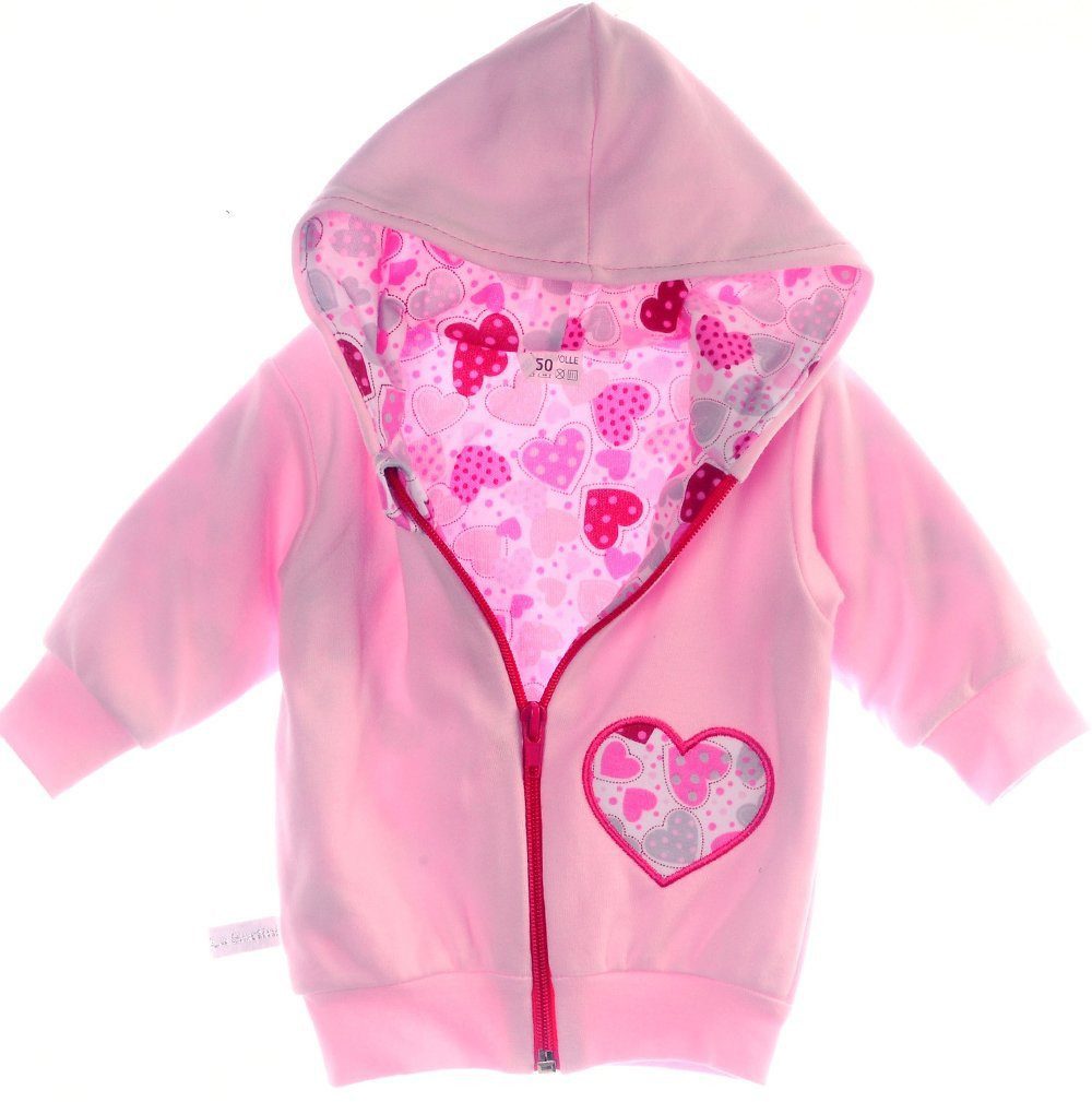 La Bortini Sweatjacke Baby Jacke leichtes Jäckchen in Rosa mit Herzchen doppellagig aus reiner Baumwolle, 50 56 62 68 74 80 86 92 98