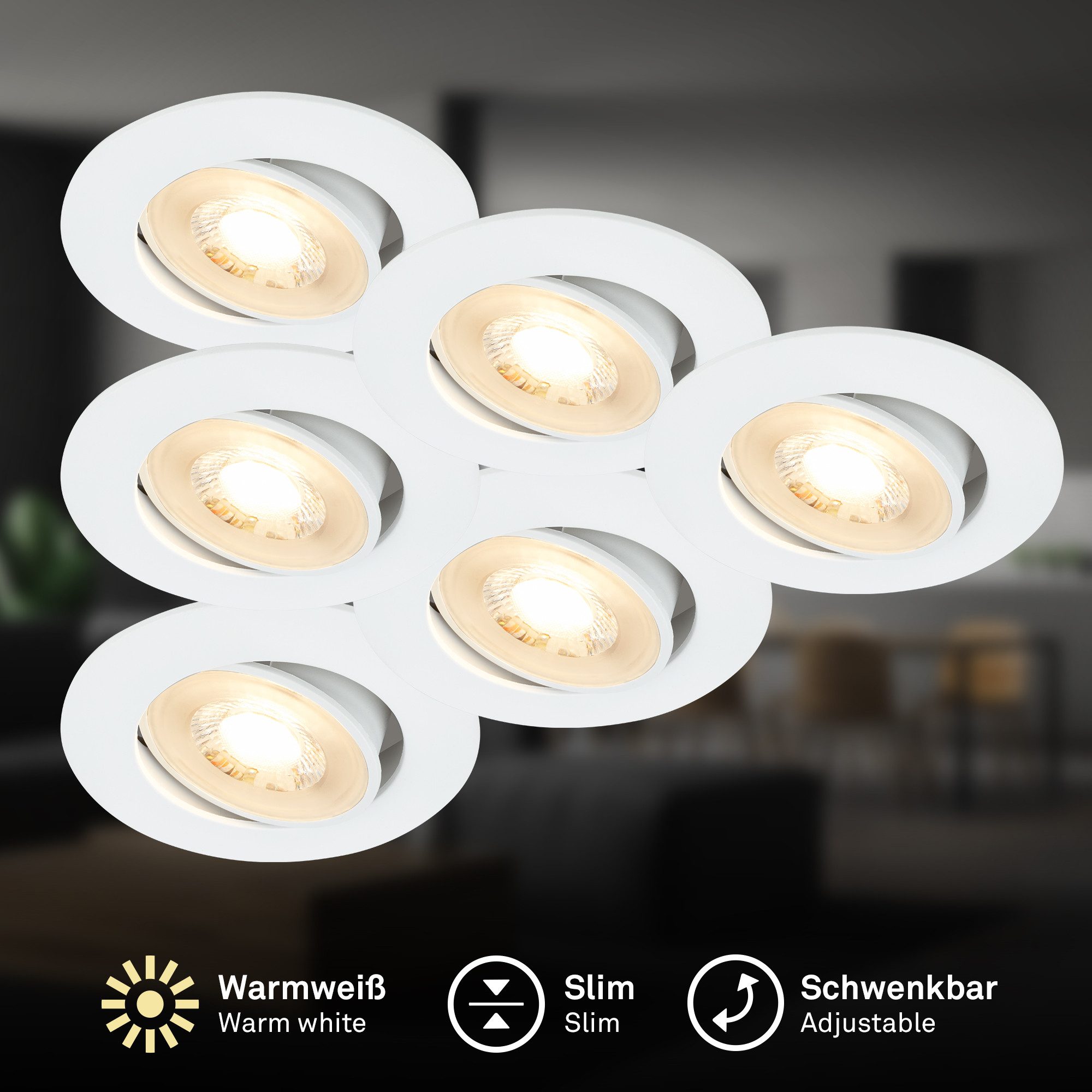 Briloner Leuchten LED Einbauleuchte BESI, LED fest integriert, Warmweiß, Einbauleuchten 8 x 3,2 cm Weiß 5 W Wohnzimmer Schlafzimmer 6er-Set