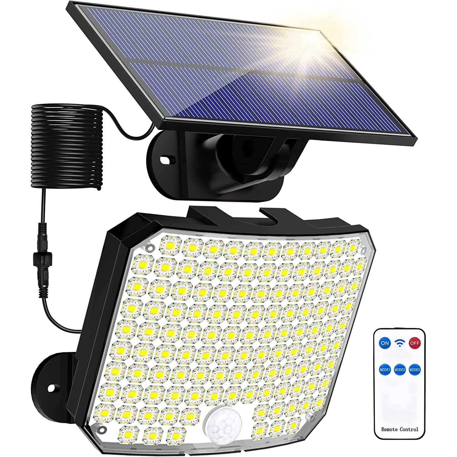 MUPOO LED Solarleuchte Solarlampen für Außen mit Bewegungsmelder,Solar Wandleuchte Aussen, LED fest integriert, IP65 Wasserdichte, 3 Modi, 118 LED, sensor angle to 120°, Fernbedienung | Solarleuchten
