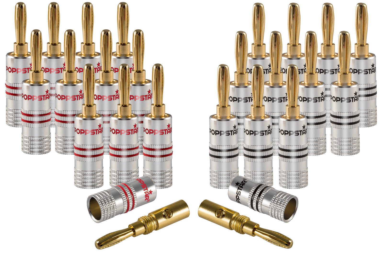 Poppstar High End Bananenstecker für Lautsprecherkabel (bis 6 mm) Audio-Adapter, für Lautsprecher, AV Receiver (Kontakte vergoldet, 12 schwarz, 12 rot)