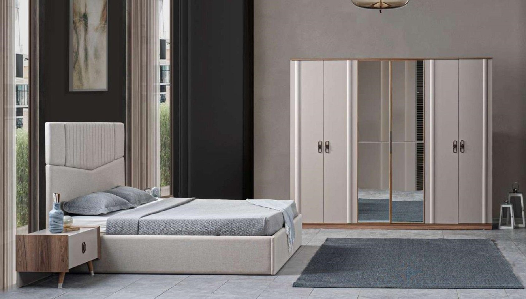 (4-St., 4tlg. Bett 2x Schlafzimmer Luxus Kleiderschrank Set Made Nachttische Nachttische + in JVmoebel + Bett Europe Grau, 2x Kleiderschrank), Schlafzimmer-Set