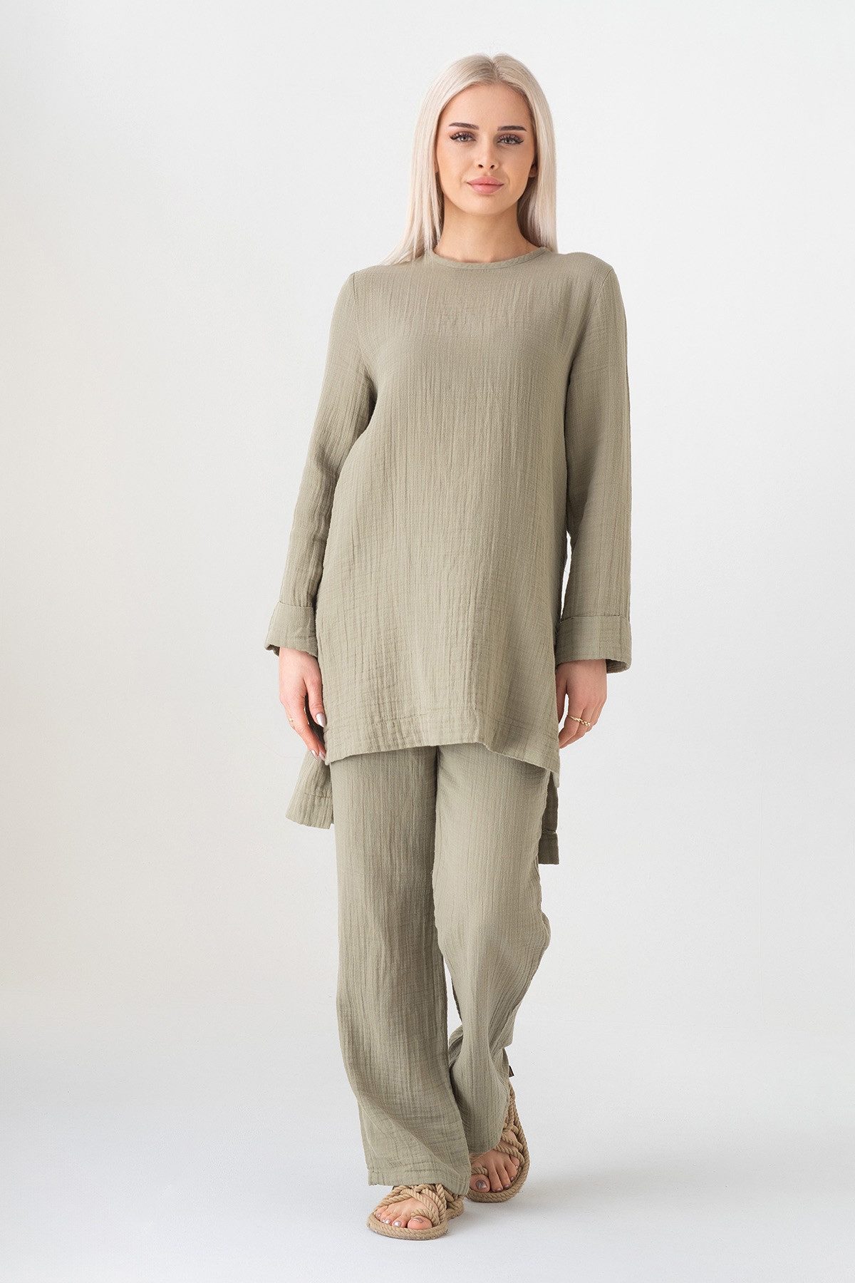 WENOR Hosenanzug Tunika Set aus Musselin 100 % Baumwolle Modest Fashion (Zweiteilig, 2-tlg., Tunika & Hose) Verlängertes Rückenteil, Zweiteiler mit Tunika und weiter Hose