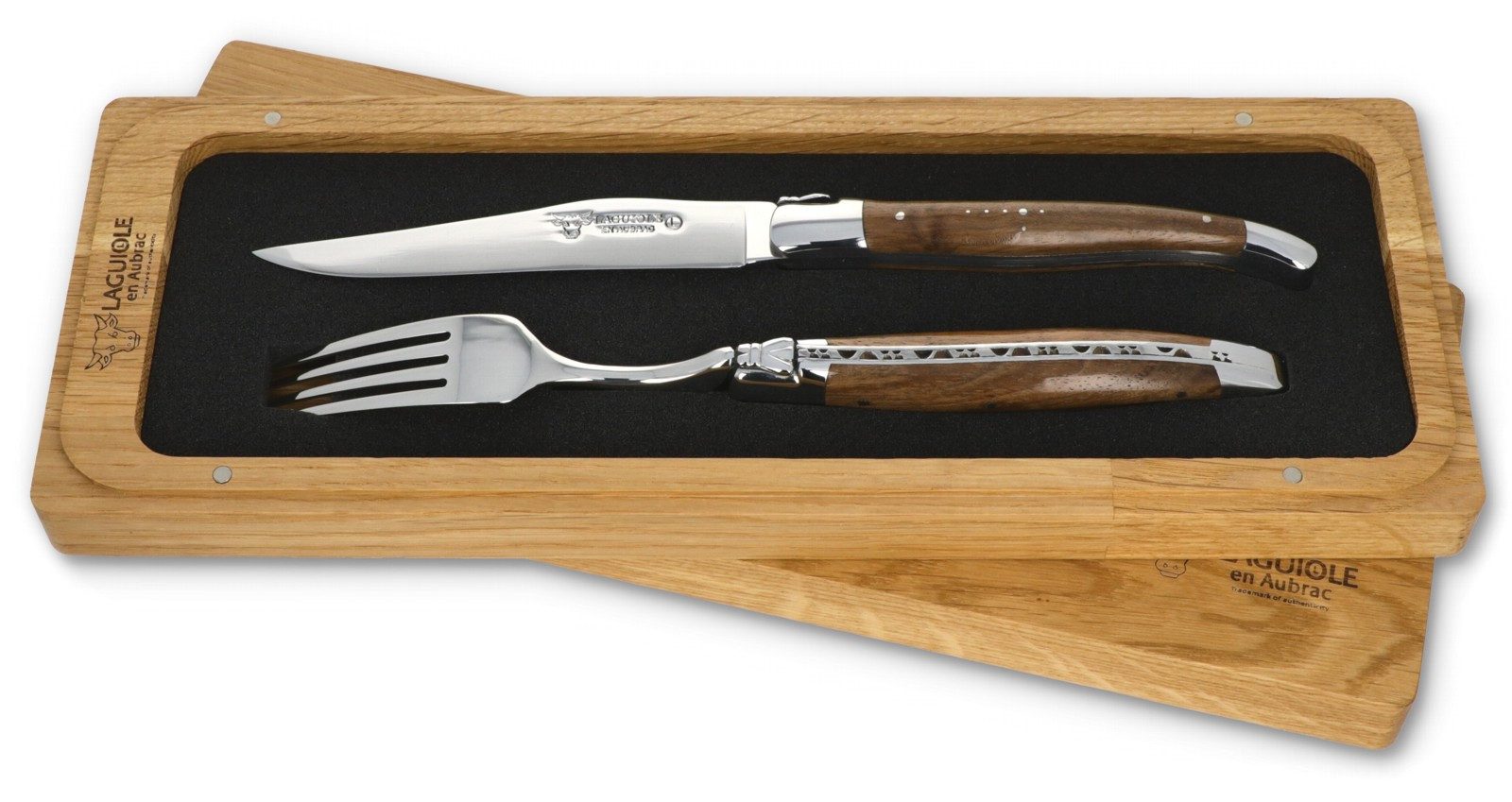 Laguiole en Aubrac Steakbesteck 1CF99NOIH BRI, 1 Messer / 1 Gabel - Griff Nussbaum - Backen glänzend - Stahl glänzend