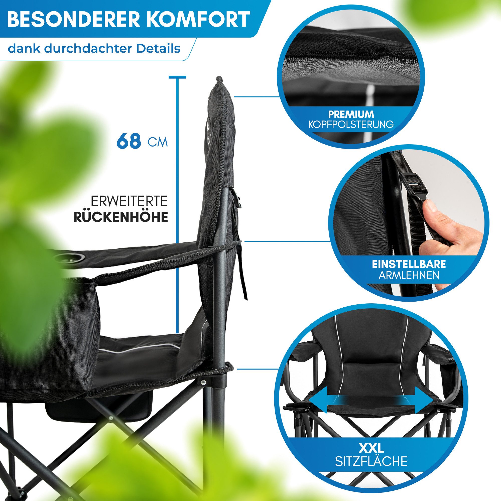Nordmut Campingstuhl Klappstuhl faltbar, Outdoor Strand Angeln Garten, 200 kg, Armlehne (Spar-Set, 2 St), Kühltasche, Getränkehalter, breite Sitzfläche, gepolstert, wetterfest