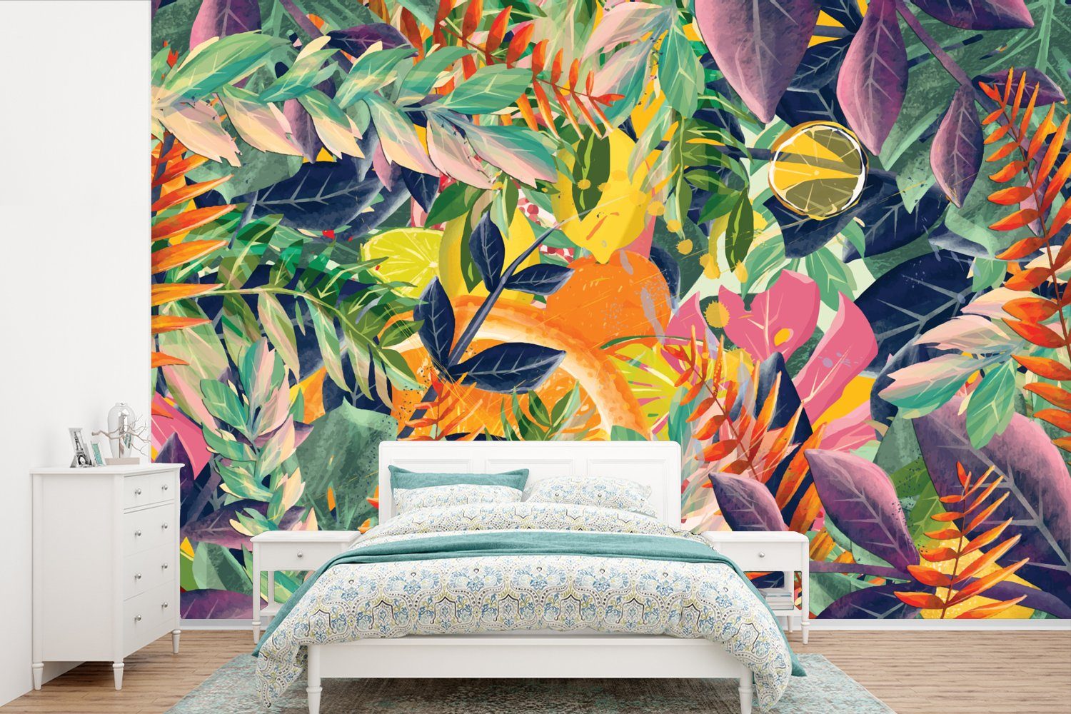 MuchoWow Fototapete Blumen - Dschungel - Tropisch, Matt, bedruckt, (6 St), Wallpaper für Wohnzimmer, Schlafzimmer, Kinderzimmer, Vinyl Tapete