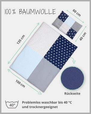 Kinderbettwäsche Kinderbettwäsche 2-teilig Blau Hellblau Grau (Made in EU), ULLENBOOM ®, Mit Deckenbezug (100x135 cm) & Kissenbezug (40x60 cm), aus 100% Baumwolle