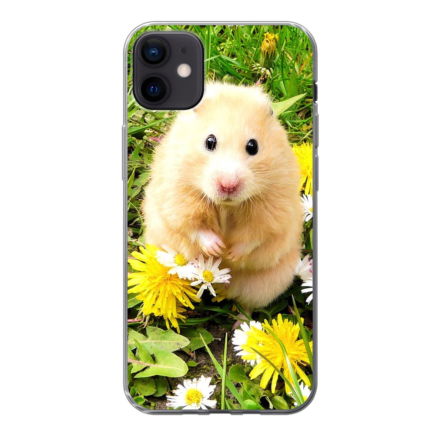 MuchoWow Handyhülle Hamster zwischen Blumen, Handyhülle Apple iPhone 12 Mini, Smartphone-Bumper, Print, Handy