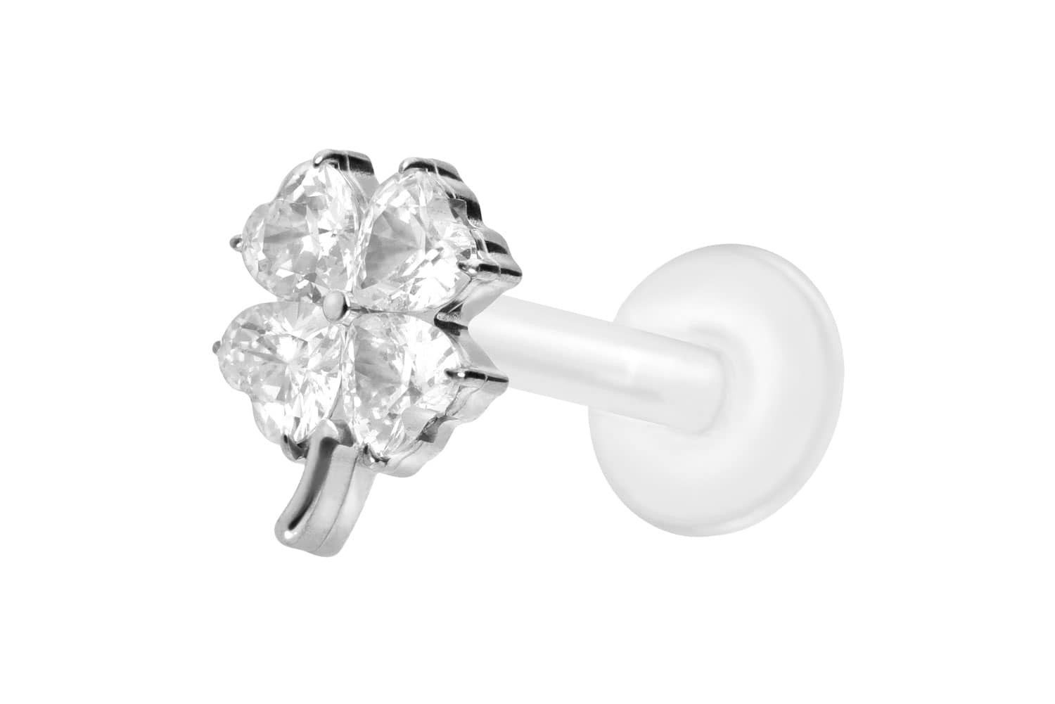 Piercing-Set PTFE Labret mit Innengewinde + Titan-Aufsatz KRISTALLKLEEBLATT