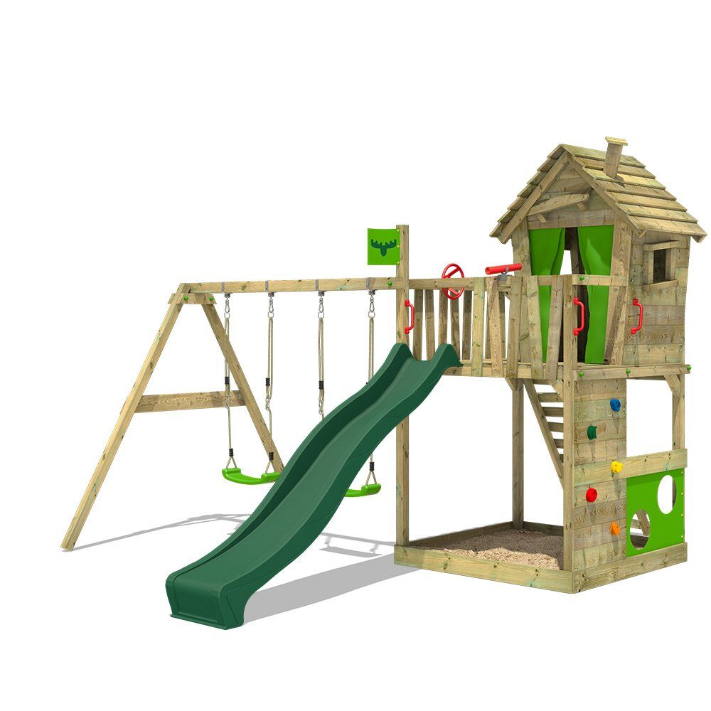FATMOOSE Spielturm Stelzenhaus HappyHome mit Schaukel & Rutsche und Spielhaus, 10-jährige Garantie*, Torwand, integrierter riesiger Sandkasten