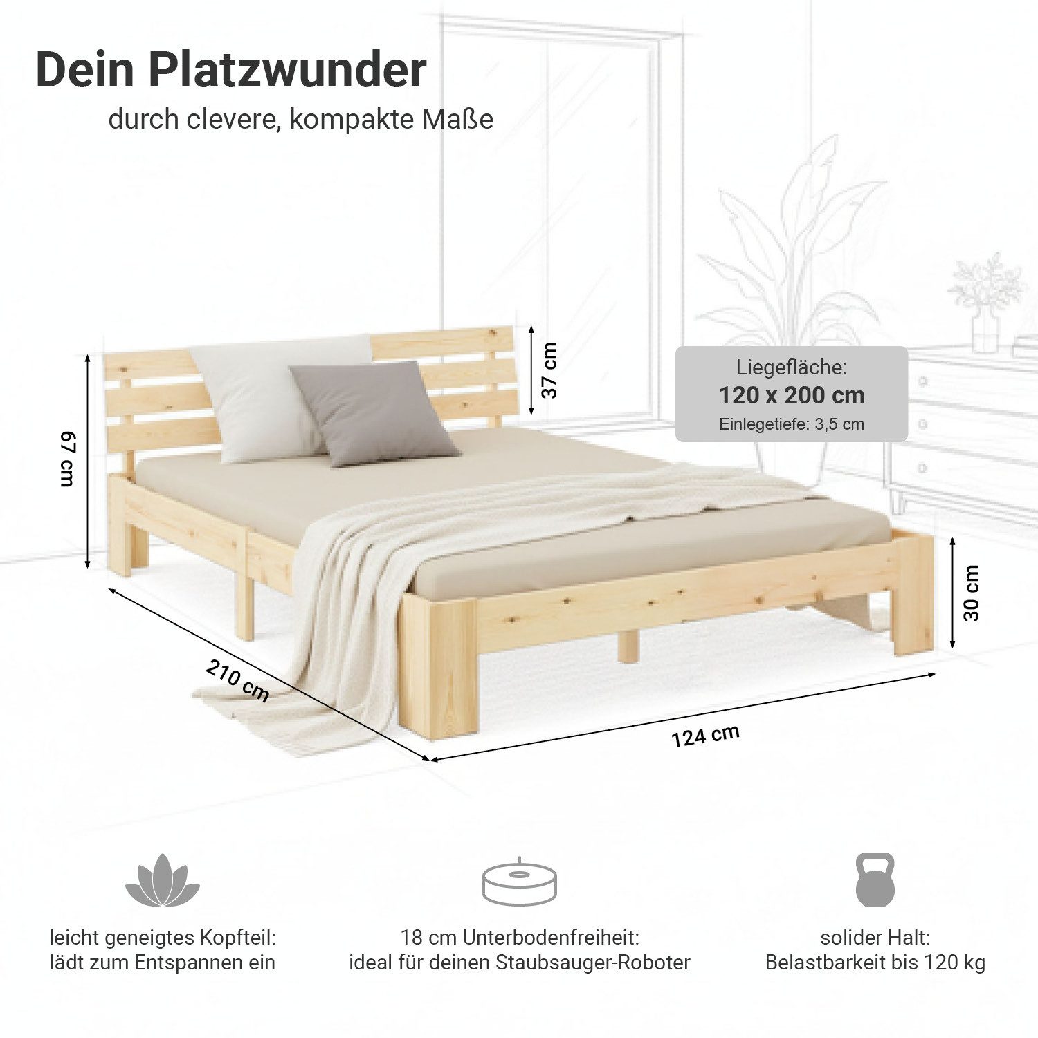 Homestyle4u Holzbett 90x200 140x200 160x200 180x200 Bettkasten Lattenrost Natur Weiß Grau (Set, mit Lattenrost, 1x Komfortschaumatratze H3 mit OEKO-TEX® Standard 100), 120x200, Kiefer, naturbleassen, schlicht