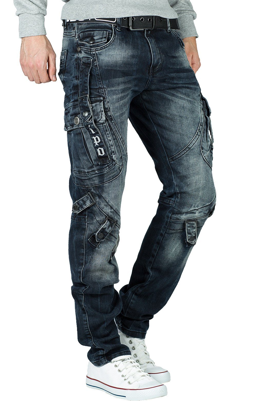 Herren Jeans Cipo & Baxx Regular-fit-Jeans BA-CD440 Freizeithose stonewashed Effekt Bikerstyle mit Seitentaschen