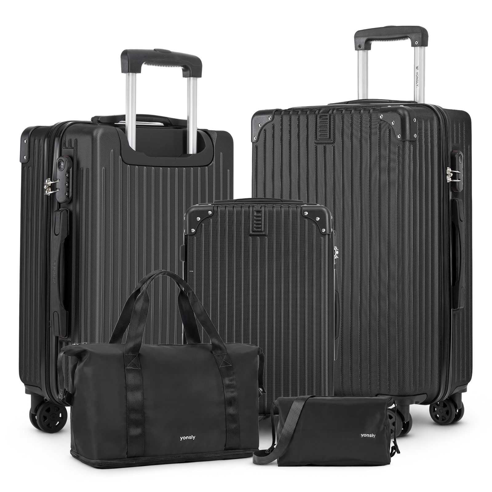 YONSLY Kofferset für Wochenendreise und Urlaub mit Reisetasche und Kosmetiktasche, 4 Rollen, (Reiseset, 5 tlg., 3 Koffergrößen mit zwei ergänzenden Taschen), 360°-Doppelrollen, integriertes Zahlenschloss und weicher Griff