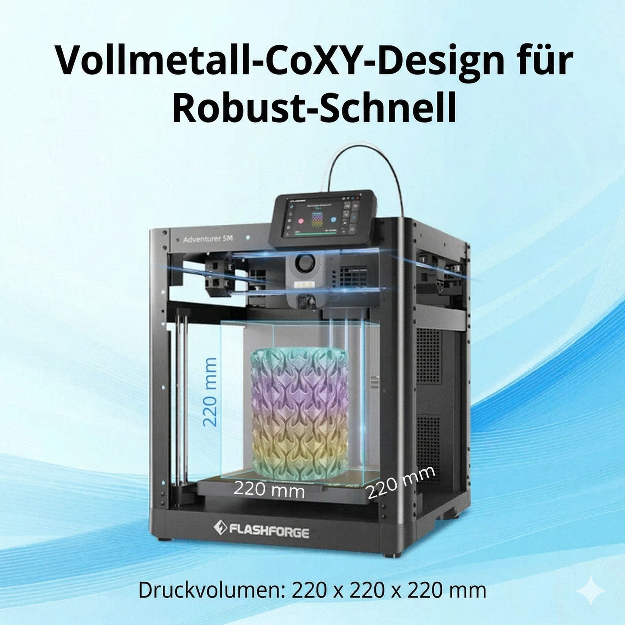 Flashforge 3D-Drucker Adventurer 5M, 600 mm/s, 220 mm Bauraum, WLAN, flexible PEI-Platte, Filamentsensor, Druckfortsetzung