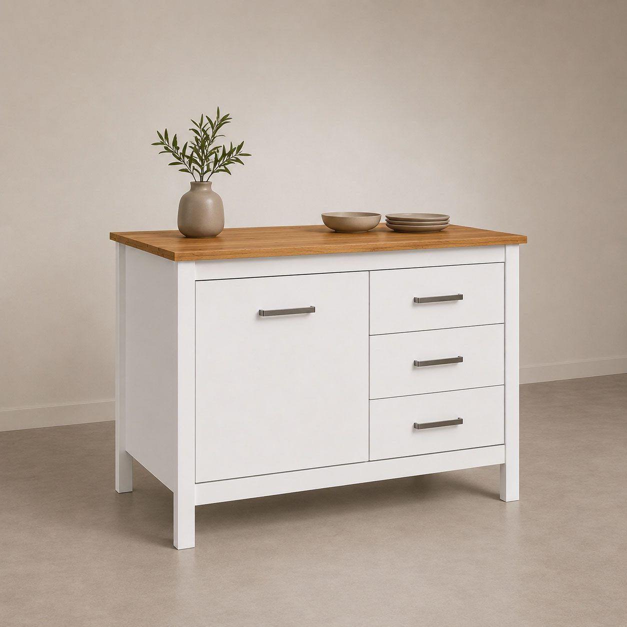 Inter Link Bartisch Pienza im Skandi Look, multifunktional für Küche & Essbereich, Weiss (1-St), Kücheninsel mit Soft-Close, Platz für 2 Hocker, 124x75x91 cm