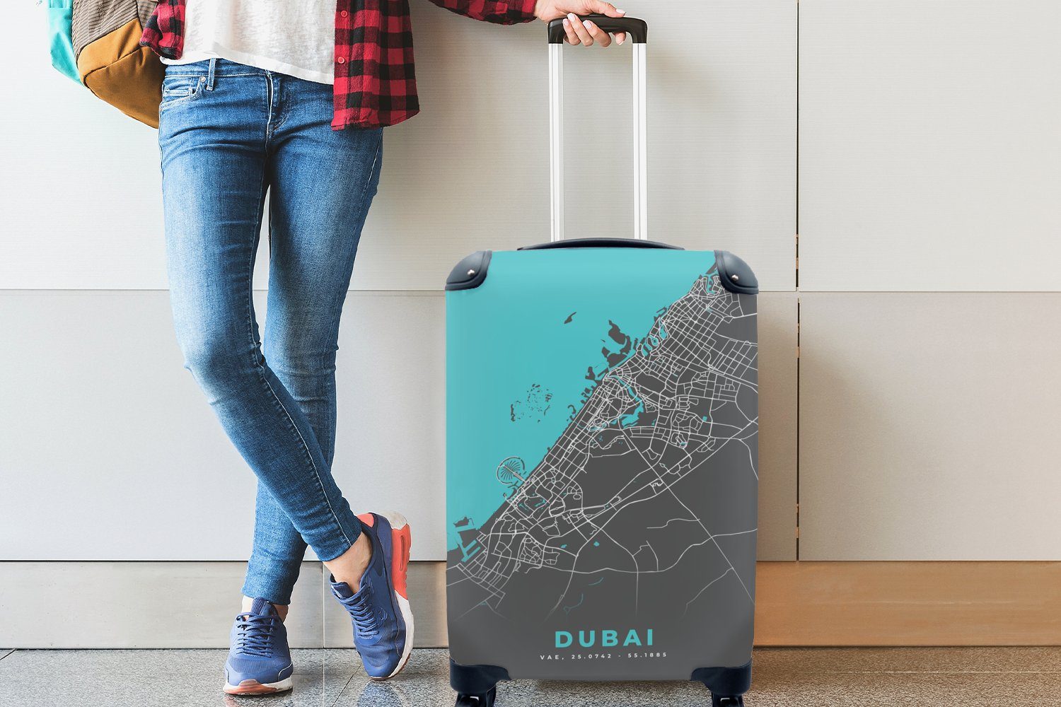 MuchoWow Reisekoffer Trolley, Stadtplan, rollen, Blau Ferien, - 4 für mit Dubai Handgepäck Handgepäckkoffer - Rollen, Reisetasche - Karte