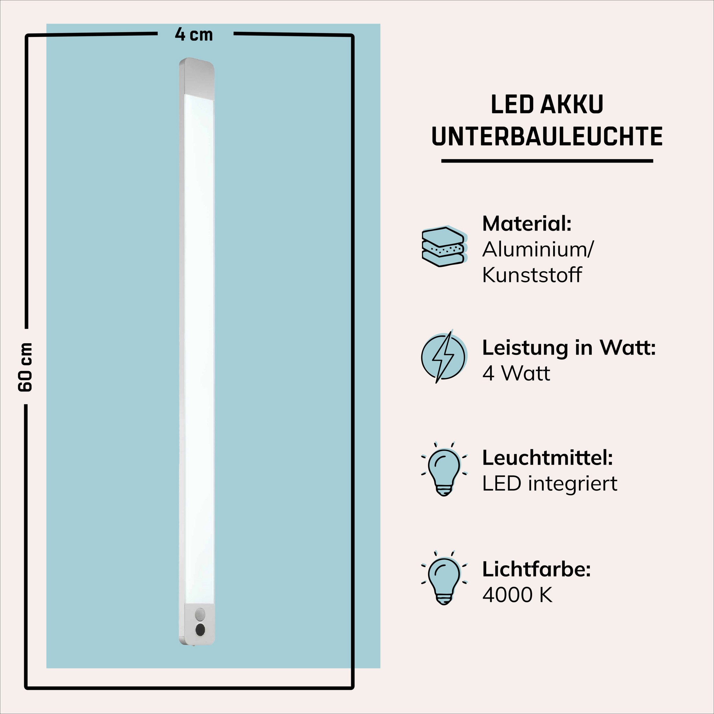 Lightbox Unterschrankleuchte, Bewegungsmelder, LED fest integriert, Neutralweiß, LED-Unterbauleuchte mit Akku, Bewegungsmelder, 60 cm, 550 lm, 4000 K