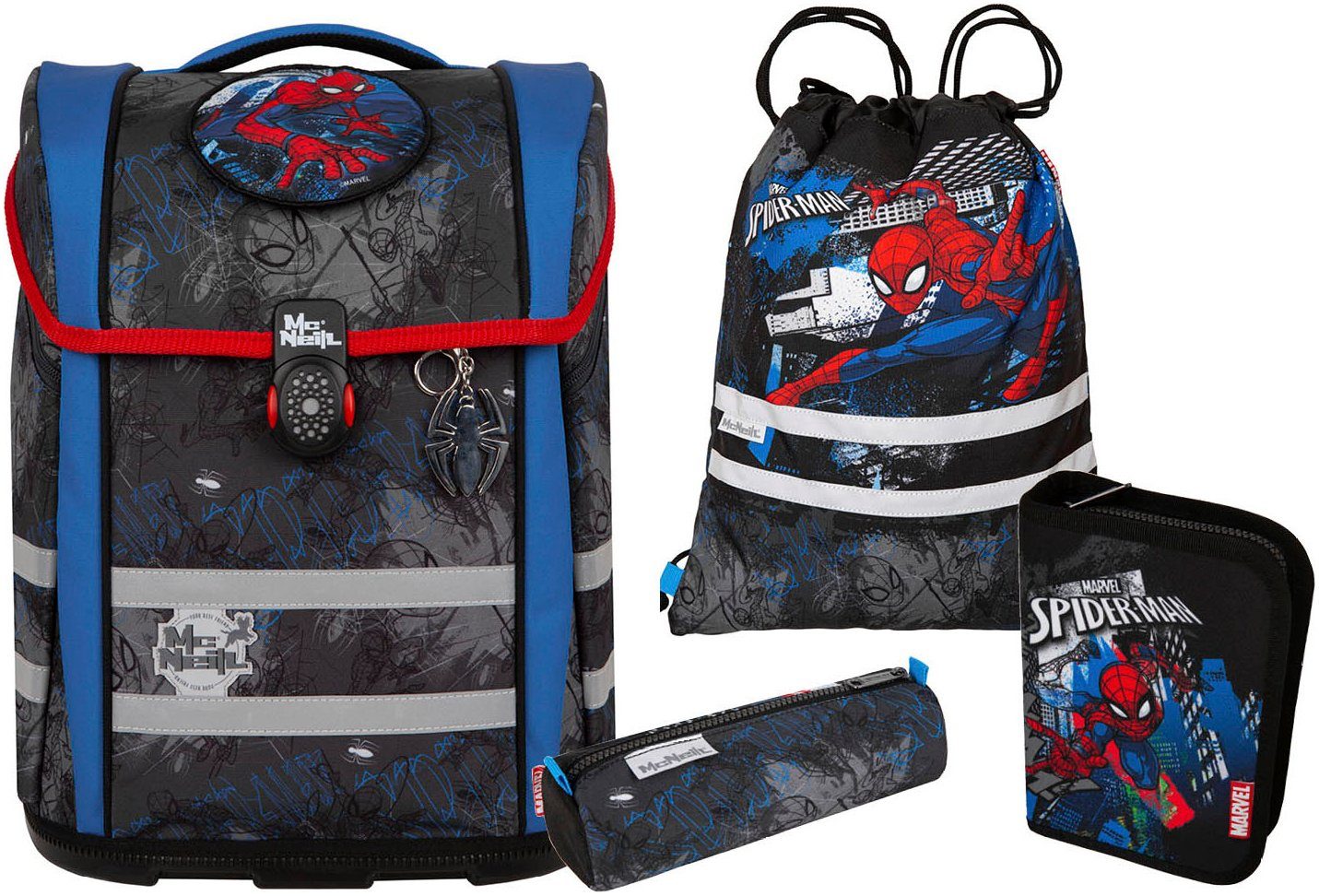 McNeill Schulranzen Perfecto, Marvel, Spider Man (Set, 5-tlg), inkl. Federmäppchen, Turnbeutel, Schlamperrolle & Motivmagnet