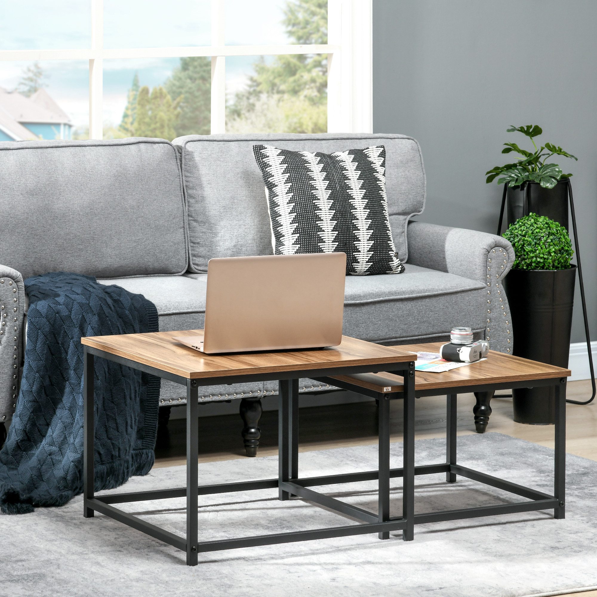 HOMCOM Couchtisch Wohnzimmertisch Sofatisch Set mit Holzoptik, im Industriedesign (Beistelltisch, 2-St., Kaffeetisch), für Schlafzimmer, Stahl, Natur