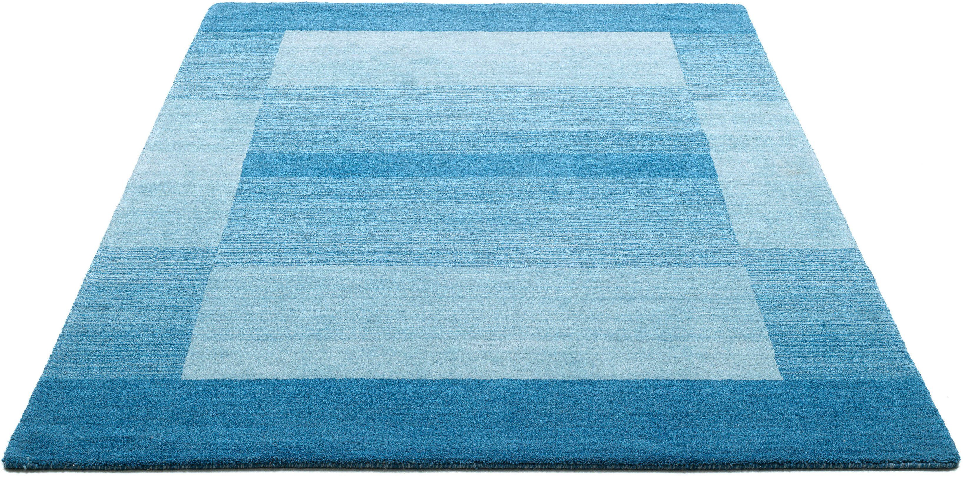 Wollteppich Gabbeh Super, THEKO, rechteckig, Höhe: 9 mm, Handweb Teppich, reine Schurwolle, handgewebt, mit Bordüre, Wohnzimmer blau