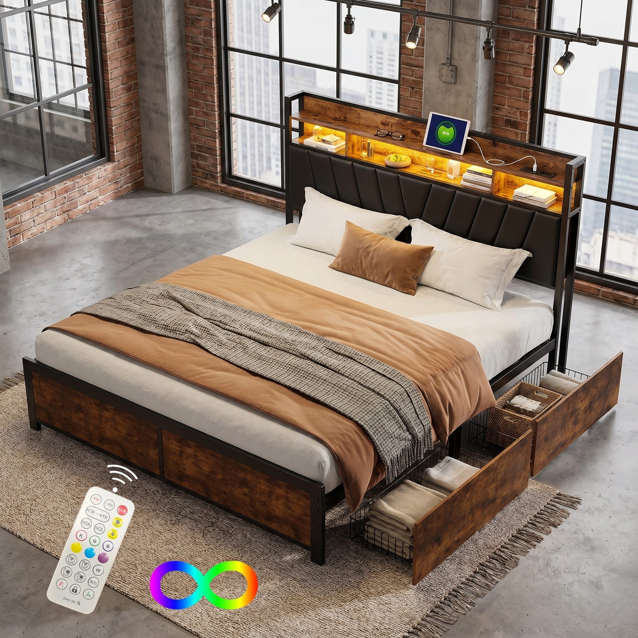 Furnishings Home Polsterbett 140x200 cm Stauraumbett LED Doppelbett (1 tlg, Geeignet für Jungen und Mädchen, Mit große Stauraum), mit Lattenrost und Ladefunktion, mit Komforthöhe, Leises Design Bett