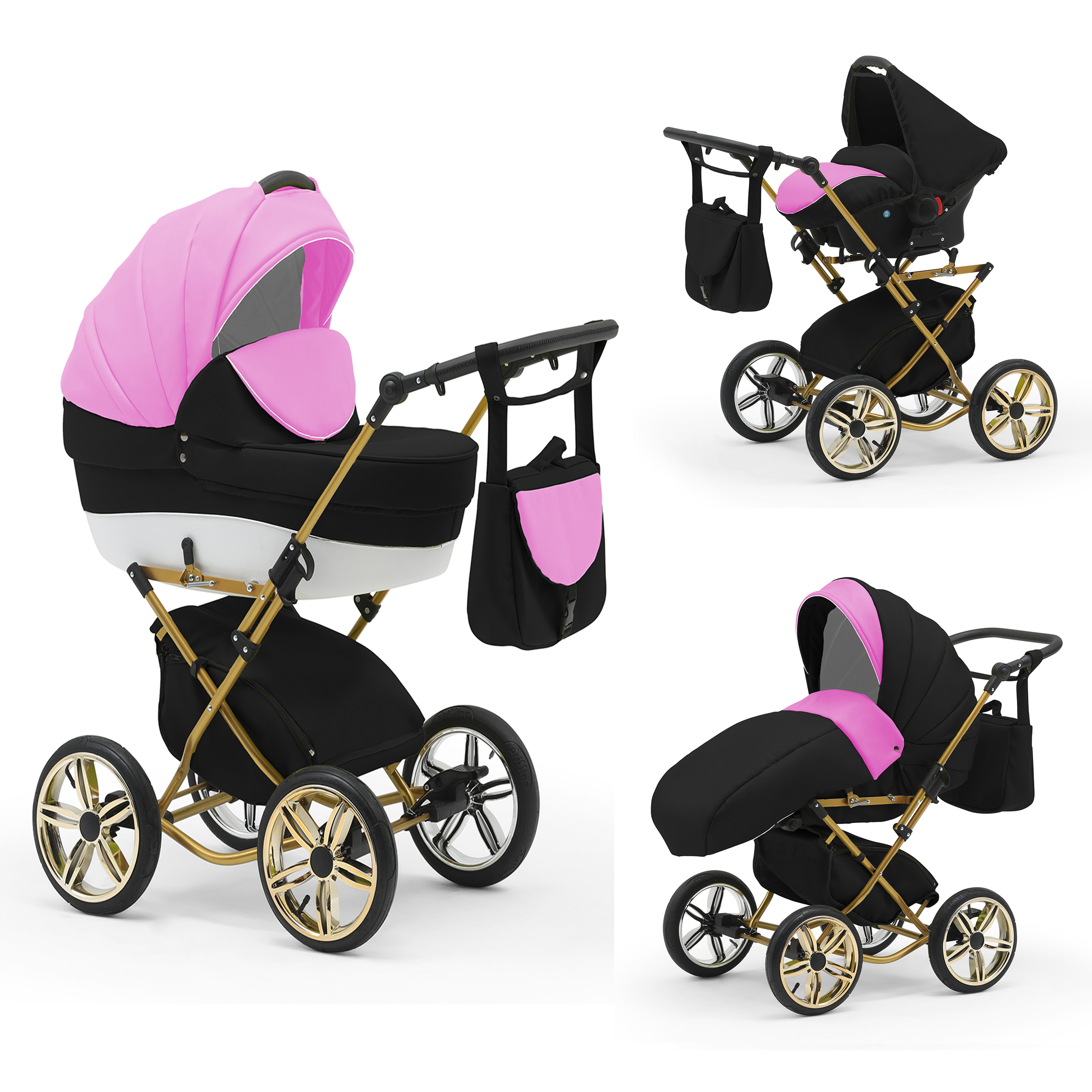 babies-on-wheels Kombi-Kinderwagen Sorento 3 in 1 inkl. Autositz - 13 Teile - in 10 Designs Pink-Schwarz-Weiß