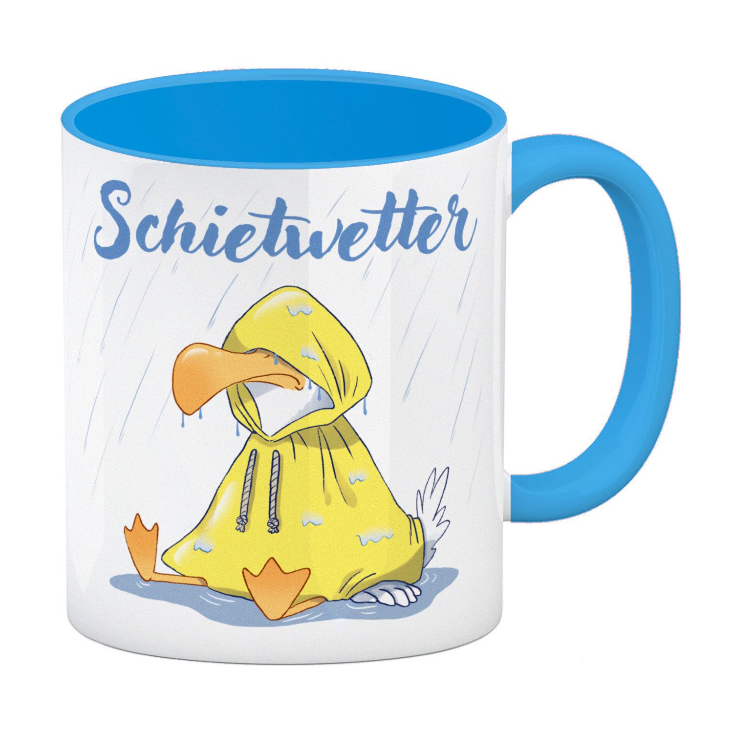 Tasse Möwe Kaffeebecher in hellblau mit Spruch Schietwetter