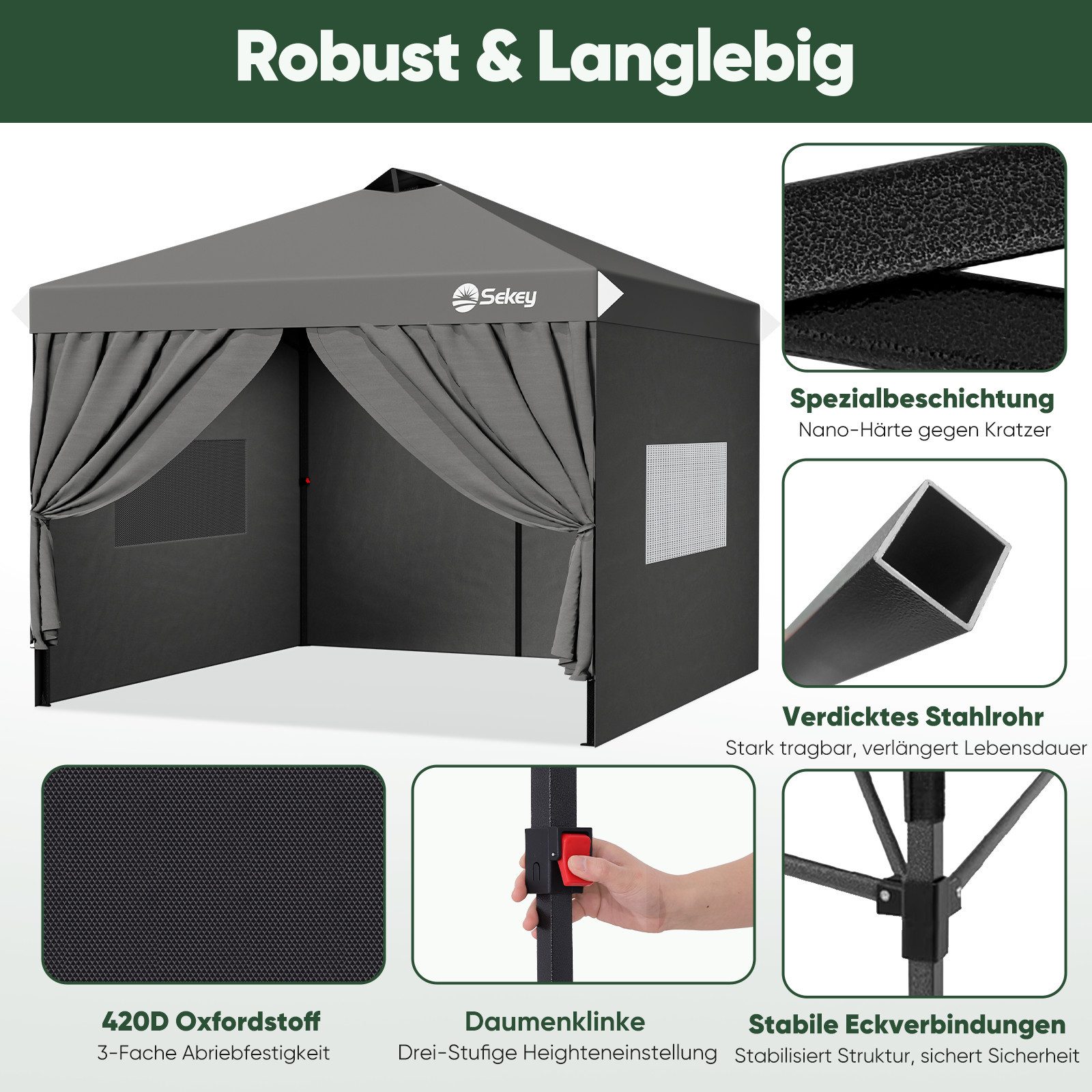 Sekey Faltpavillon 3x3 m Gartenpavillon mit 4 Seitenteilen und Privatsphären Fenster, mit 4 Seitenteilen, (Inklusive 4 Sandsäcke), 3 wählbare Höhen: 250cm, 260c – Bild 5 von 5