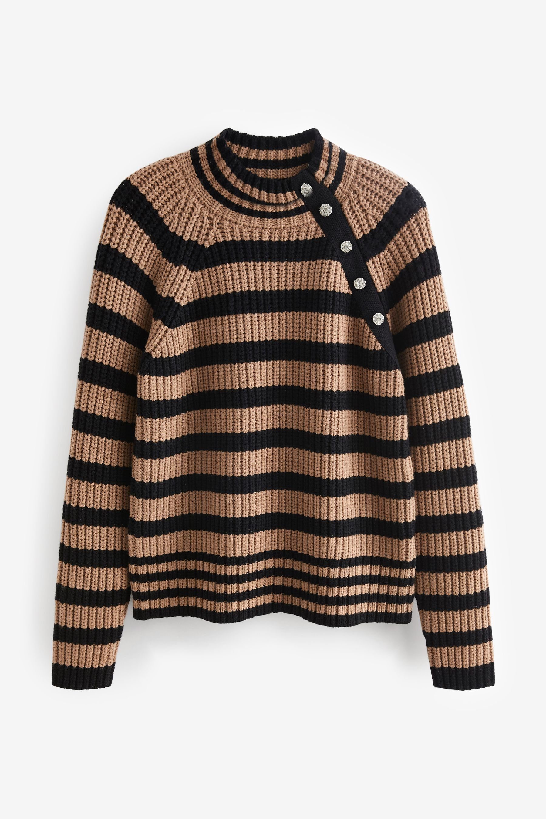 Next Stehkragenpullover Stehkragenpullover mit Schmuckknopf (1-tlg) Brown/Black Stripe