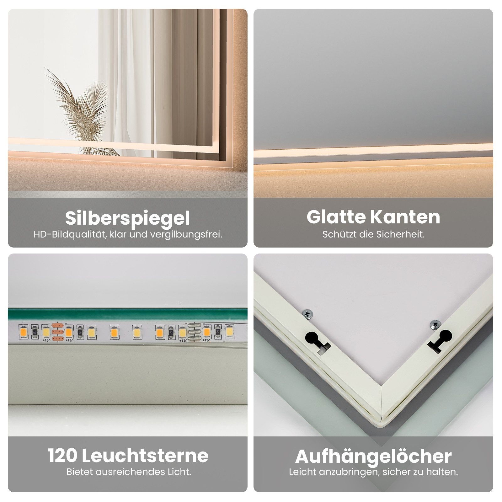EMKE Badspiegel mit Wand/Touch Schalter LED Beleuchtung Wandspiegel (Modell 4, Wandschalter), Warmweißes Beleuchtung IP44 Energiesparend