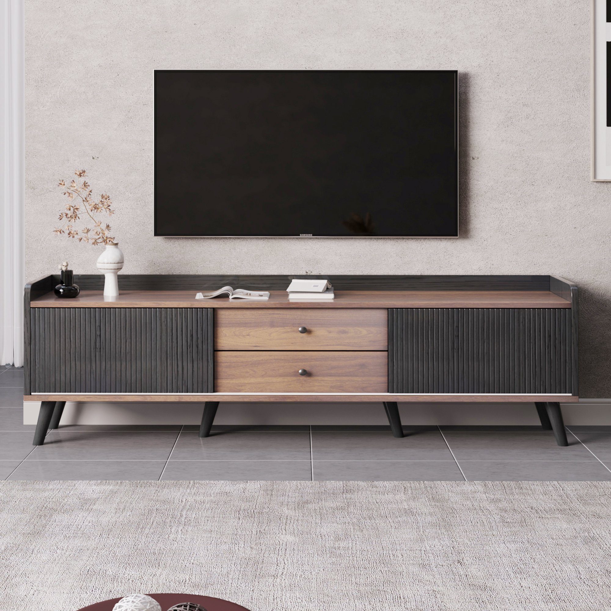 Fangqi TV-Schrank H58*L160*T40 cm TV-Schrank mit zwei Schubladen, Aufbewahrungsschrank (set, TV-Schrank, Lagerschrank, Küchenschrank, Wohnzimmerschrank) wird von sechs 18cm Füßen getragen,um Stabilität zu gewährleisten