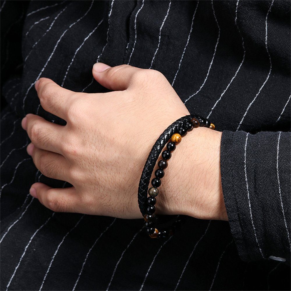 Herren 3 Armband Armband Farbe Lederarmband Lavastein Armbänder Mnöpf Tigerauge Leder