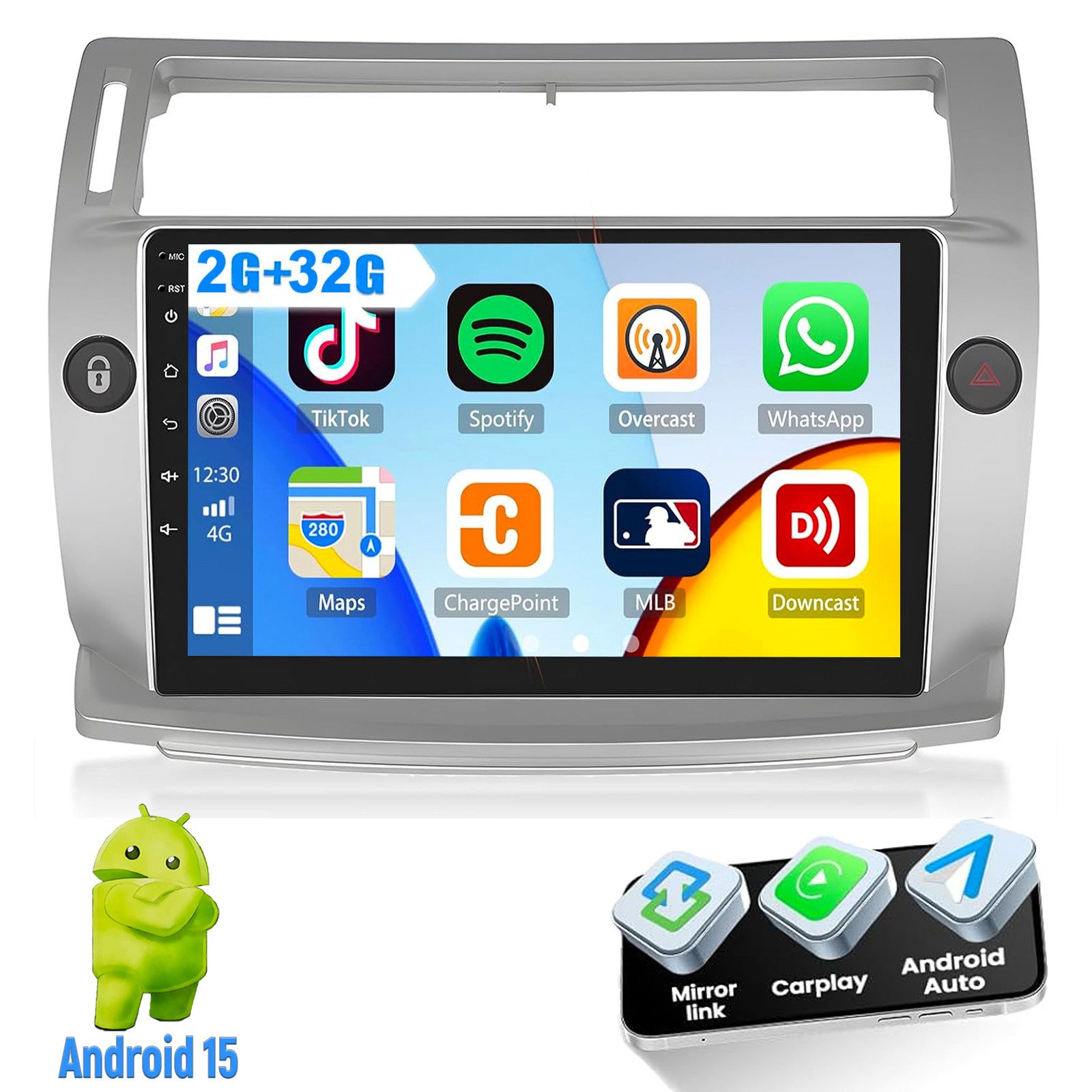 ESSGOO Für Citroen C4 2004-2009/C-QUATRE Android15 Autoradio GPS WIFI Carplay Autoradio (DAB (optional), DAB+ (optional), 4+64GB(optional), RDS, AM, FM, Carplay Android Auto Bluetooth EQ USB GPS Navi WIFI Touchscreen)