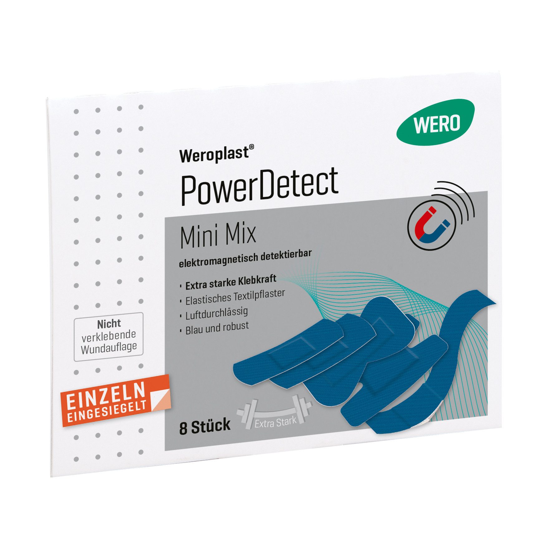 Weroplast® Wundpflaster PowerDetect - verstärkter Klebkraft, detektierbar & luftdurchlässig (Mini Mix, 8 St)