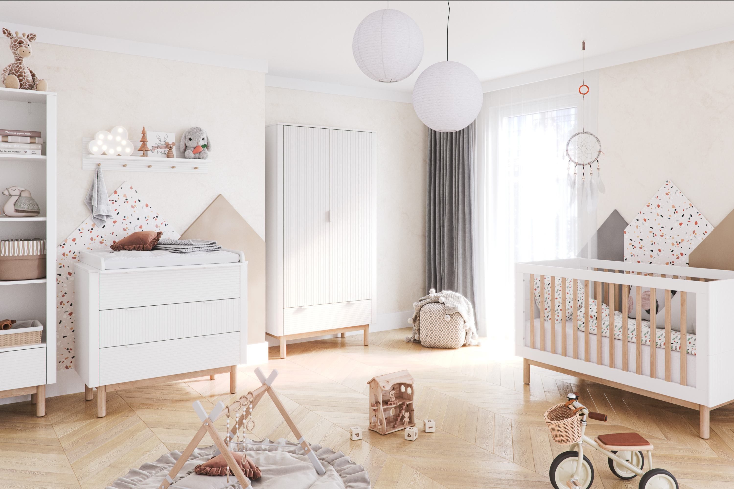 KONSIMO® Kinderkleiderschrank LOTTI Kleiderschrank, hergestellt in der EU mit Stange, geriffelte Schrankfront, mit Schublade