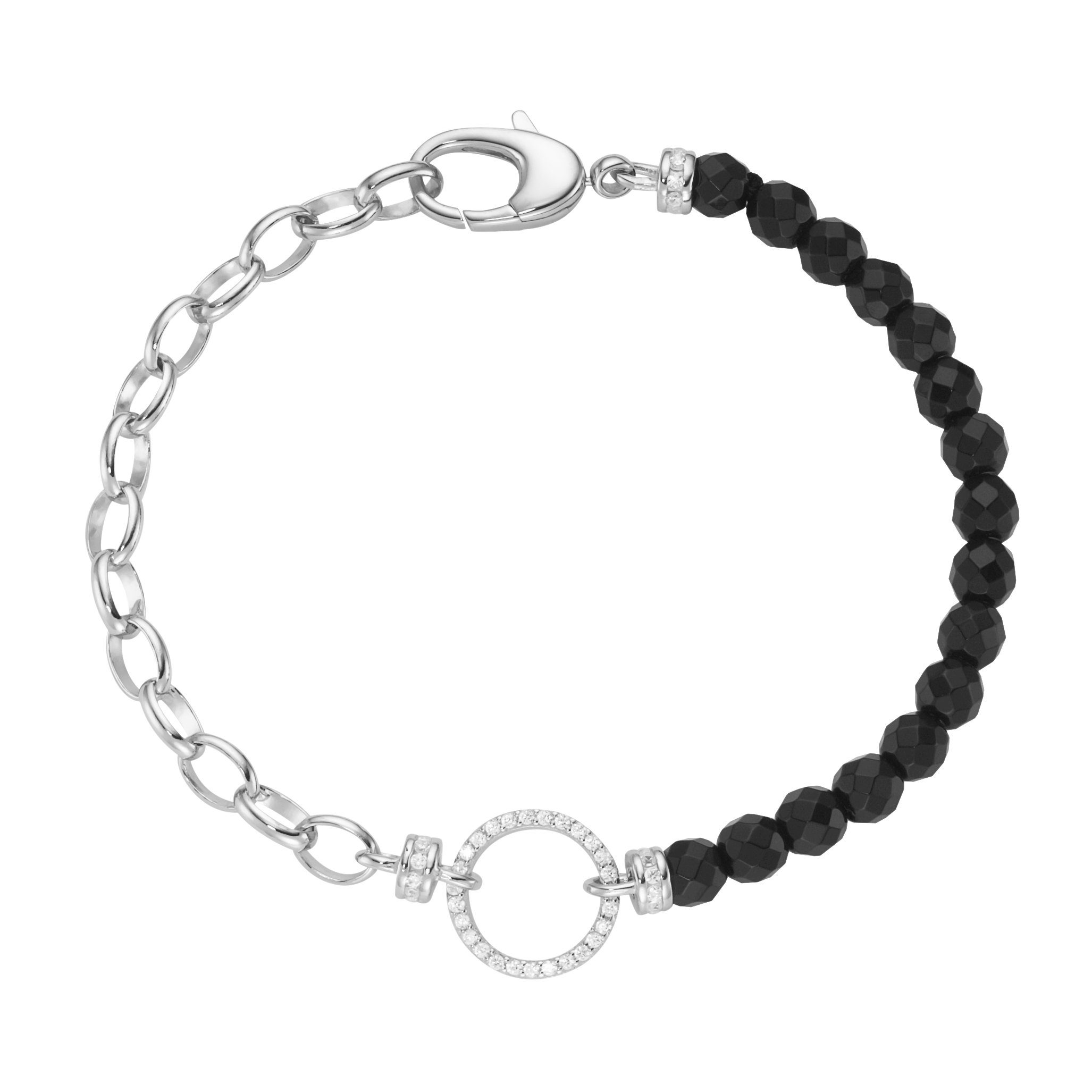 Armband mit schwarzen Achat-Kugeln und Zirkonia, Silber 925