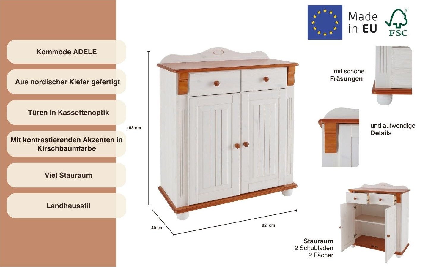 OTTO home Kombikommode Adele, aus massiver Kiefer, 92cm breit