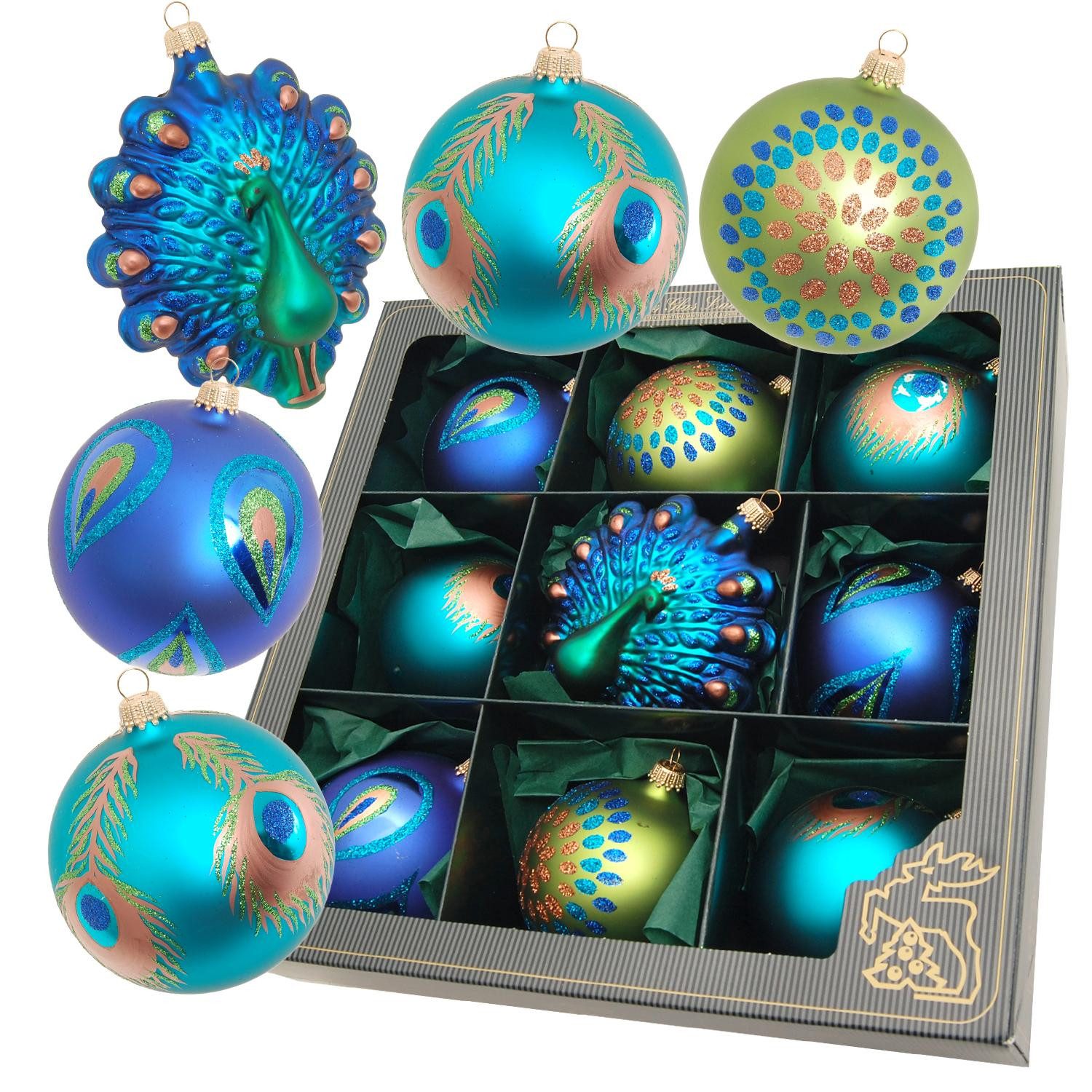 Krebs Glas Lauscha Christbaumschmuck 9er Set Glasanhänger - Kugeln mit Pfauenmusterung + Figur, Majestätischer Christbaumschmuck mit goldener Glitzerverzierung