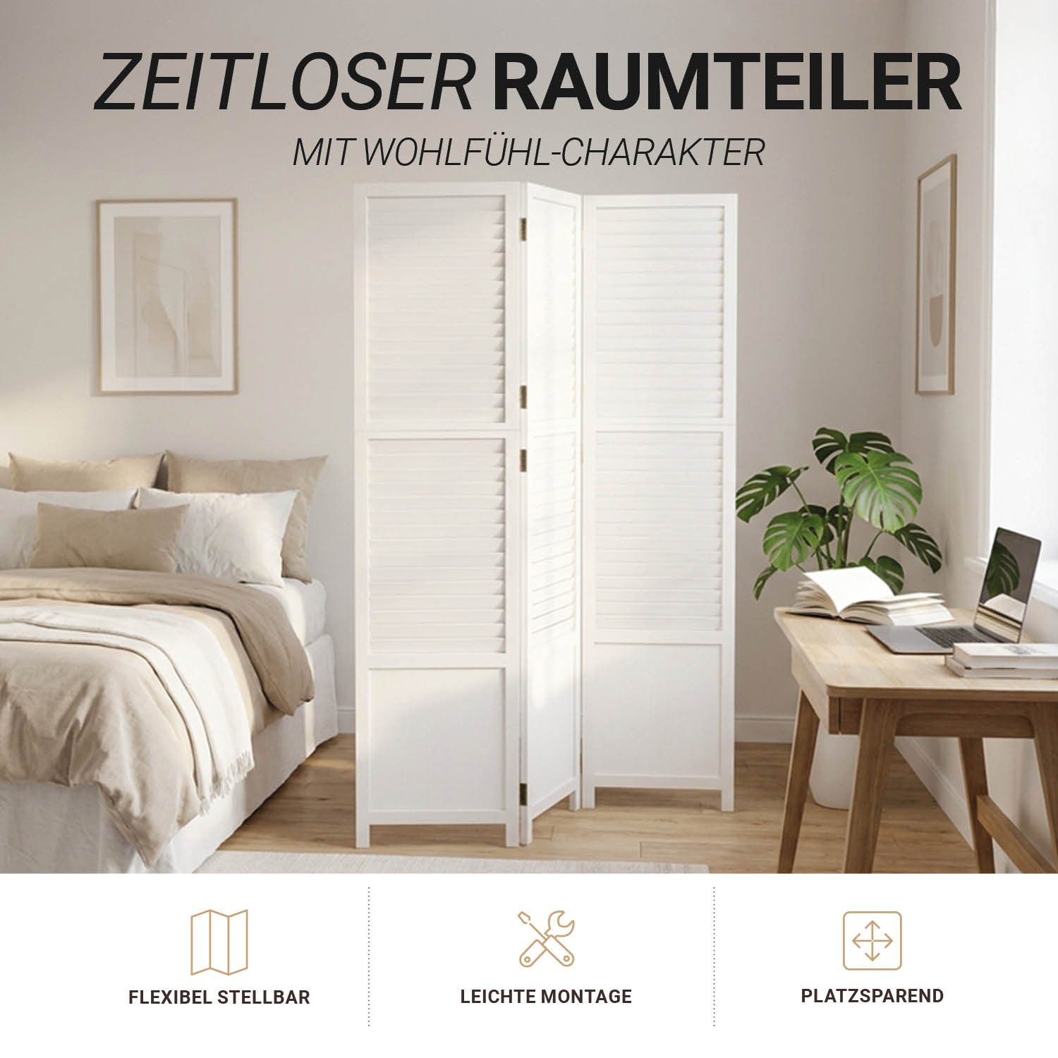 Homestyle4u Paravent Raumteiler Holz Trennwand Weiß faltbar Sichtschutz Indoor (3-teilig)