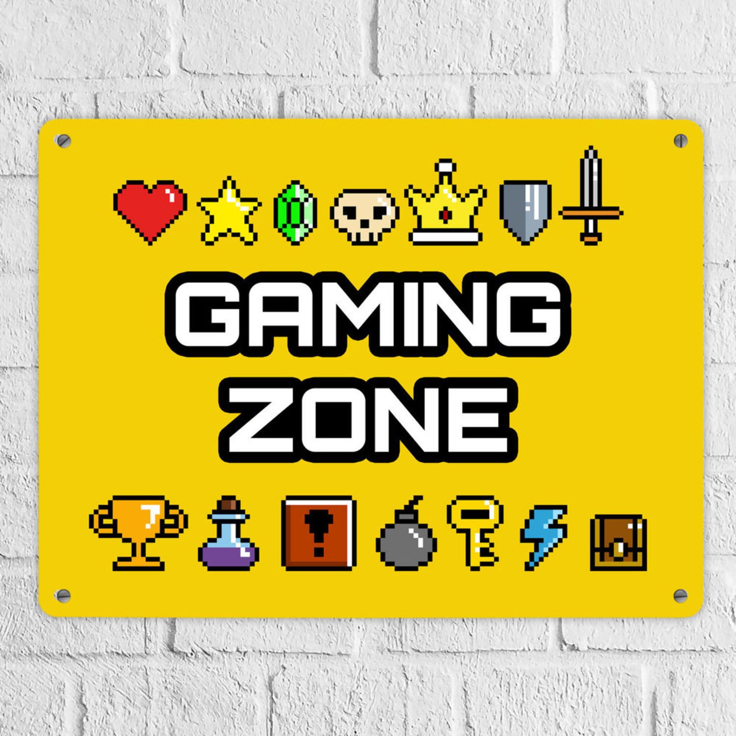 speecheese Metallschild Gaming Zone Metallschild XL in 21x28 cm mit Pixel Items für Zocker