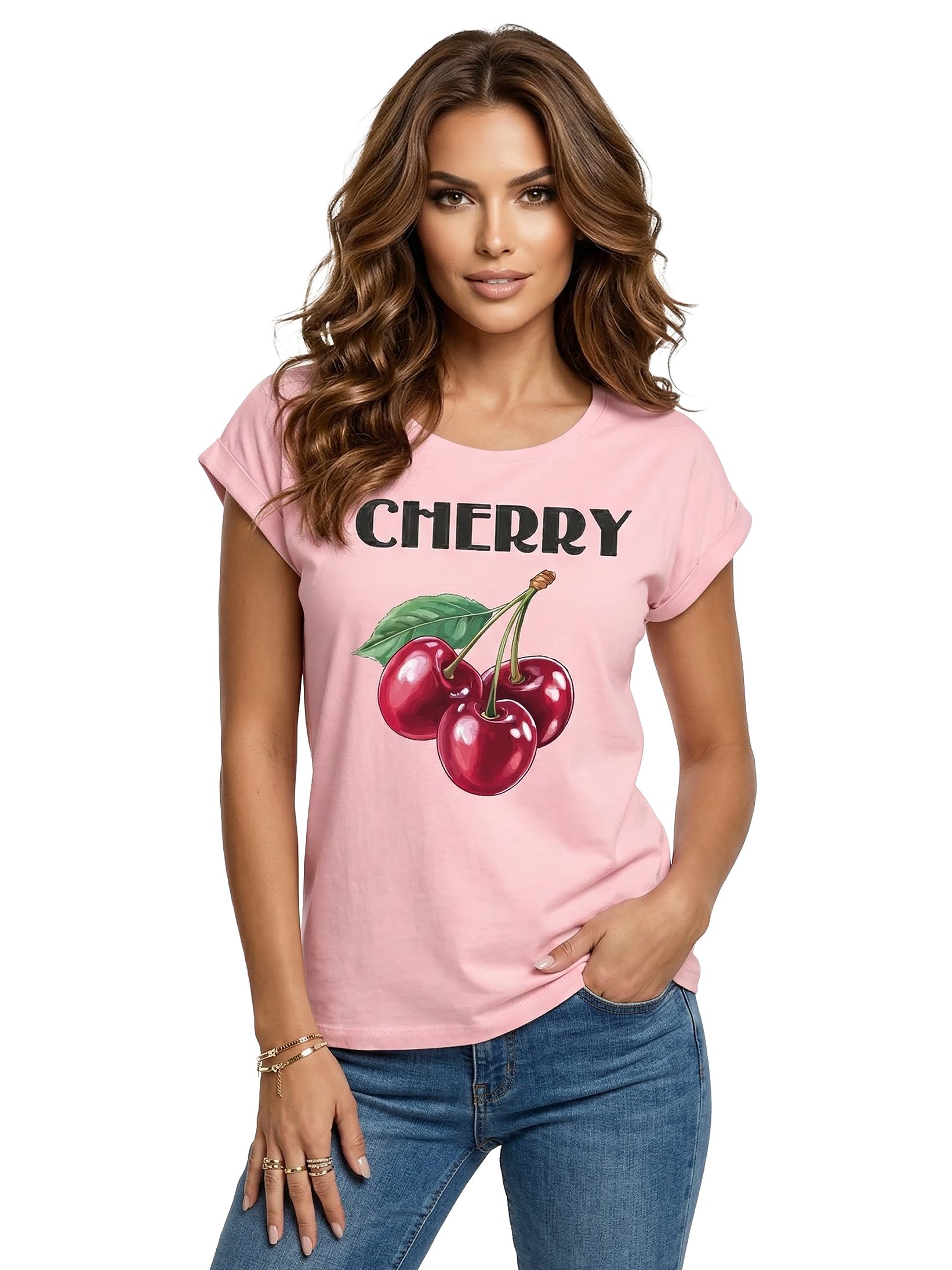 MAKAYA Kurzarmshirt Damen Sommer Shirt mit Aufdruck Kirschen Luftig Elegant Sportlich (Weiß, Rosa, Grau, Grün, 34, 36, 38, 40, 42, 44, 46, 48, 50) große Größen