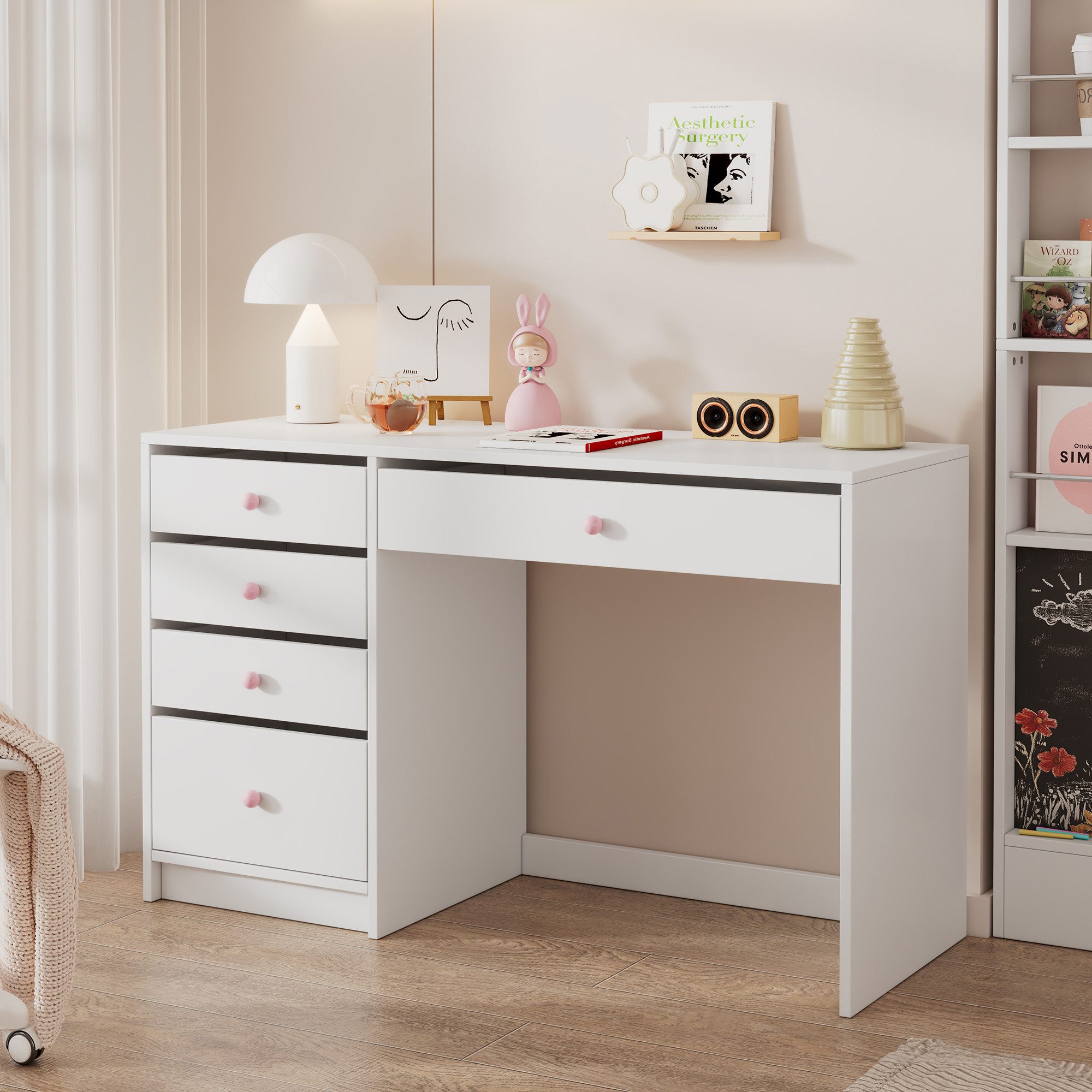 STILVORA Wohnzimmer-Set mit Schubladen,Schminktisch Schreibtisch mit Keramikgriffen,weiß, (Kinderschreibtisch, Computertisch, 1-St., 120×45×74 cm), mit 5 Aufbewahrungsschubläden