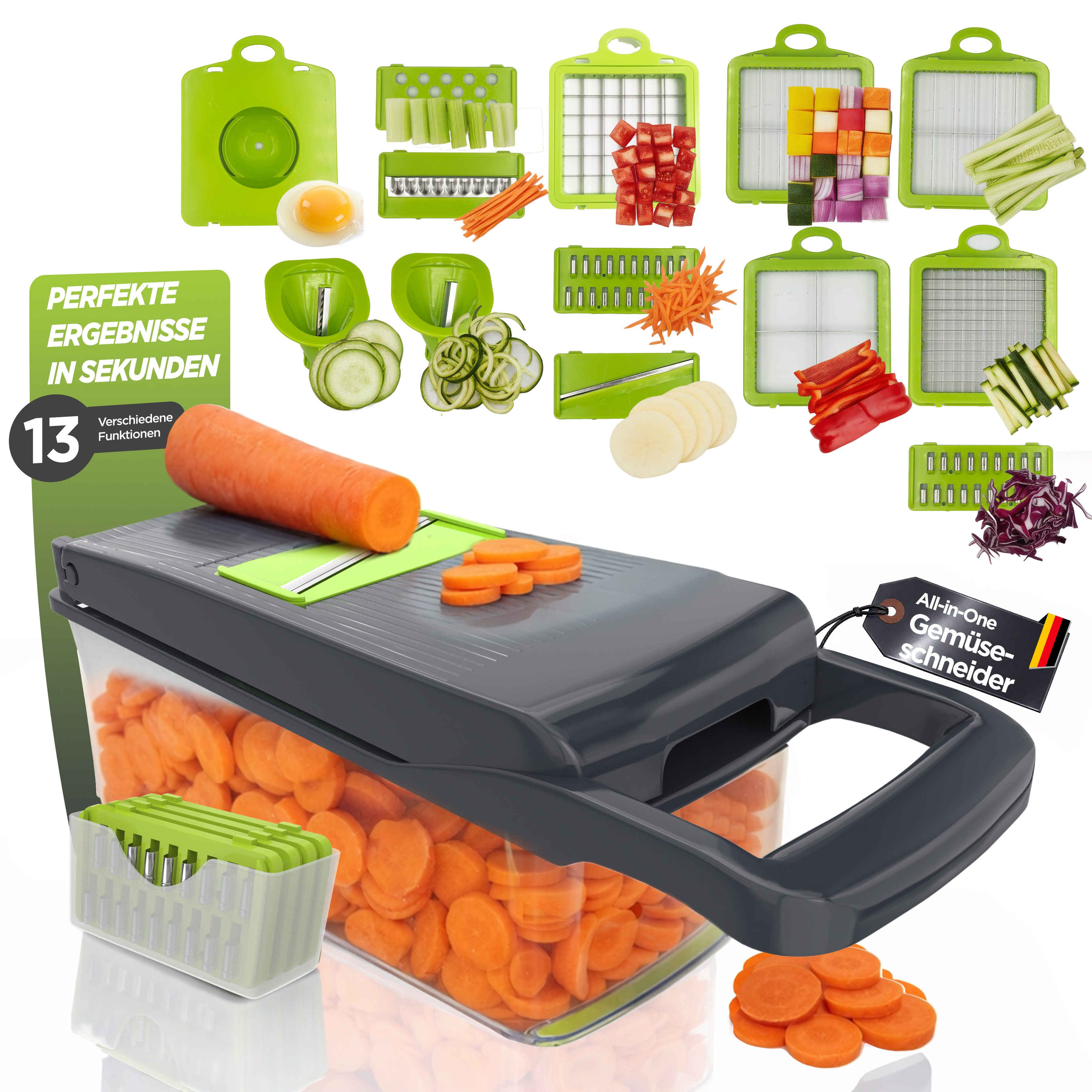 BI International Gemüsehobel Gemüseschneider 13-in-1 mit Behälter & Edelstahlklingen BPA-frei, (Spar Set, 13-St)