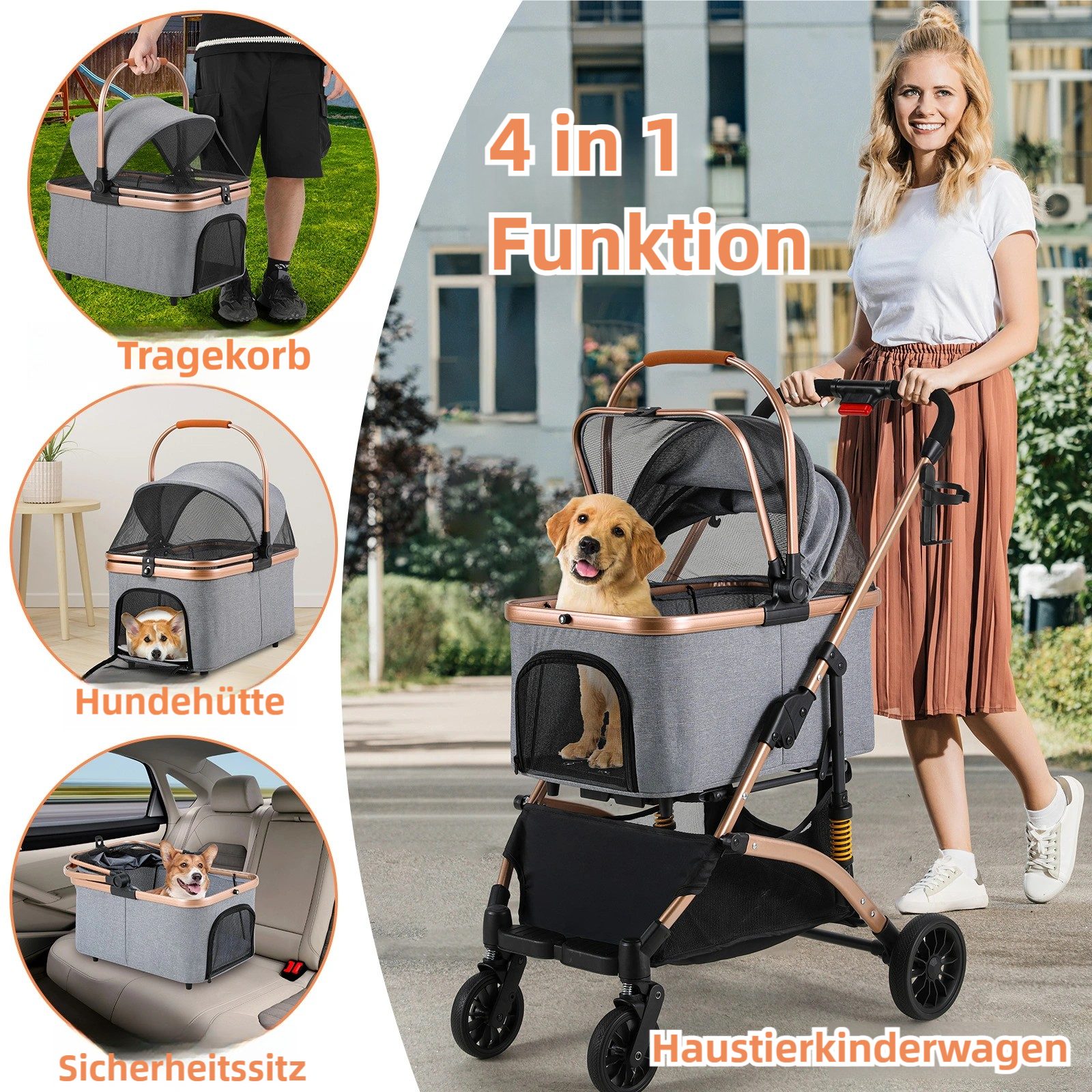 TLGREEN Hundebuggy klappbar, Leichtes Aluminium Gestell und atmungsaktives Mesh, (Hundewagen, Stoßfest & platzsparend für kleine Hunde/Katzen), Ideal für Reisen, Spaziergänge und Tierarztbesuche