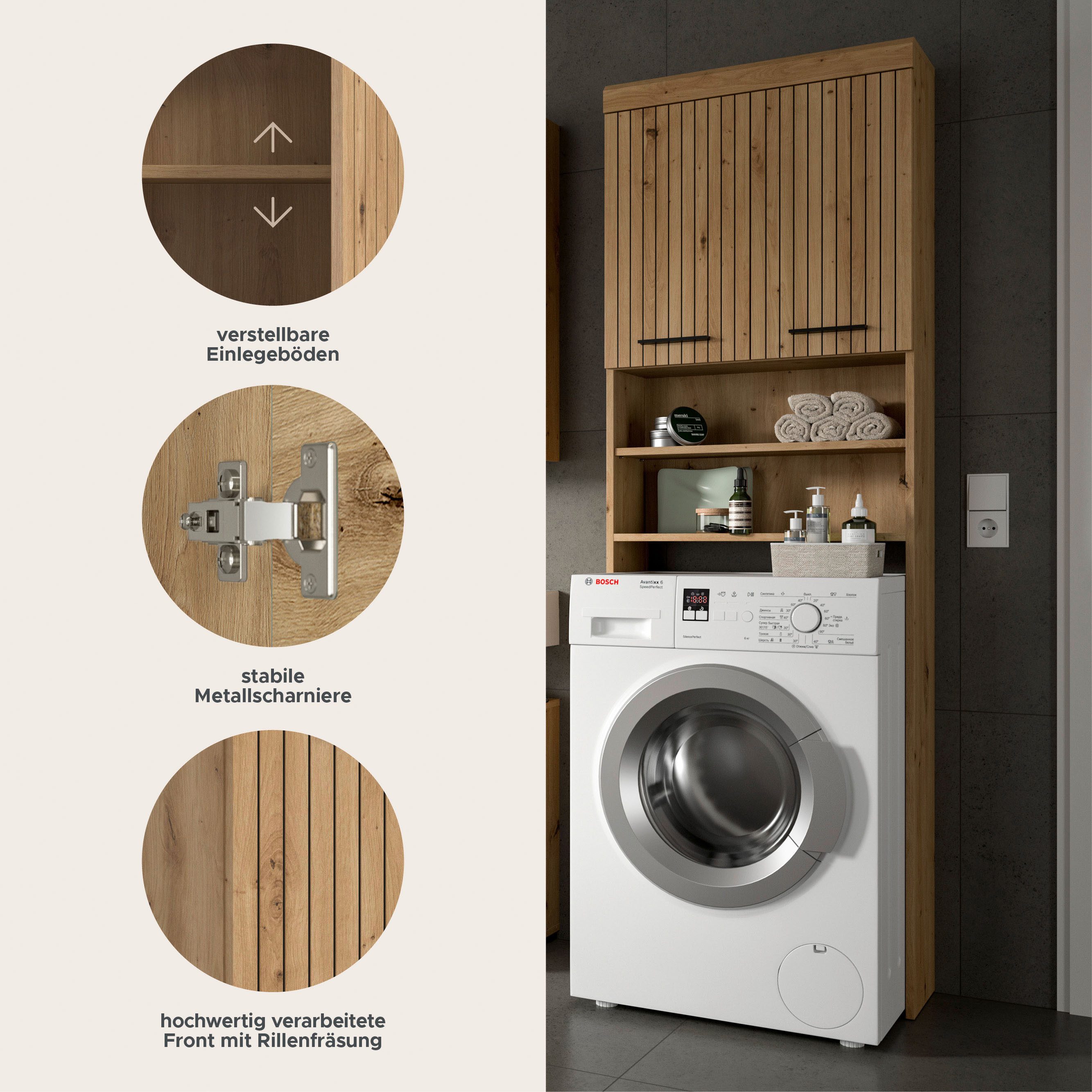 welltime Waschmaschinenumbauschrank SIENA, Breite 63cm, für Waschmaschine & Trockner, 2 Türen, MDF-Front (TOPSELLER) in verschiedenen Farben, Überbauschrank, Um – Bild 3 von 5