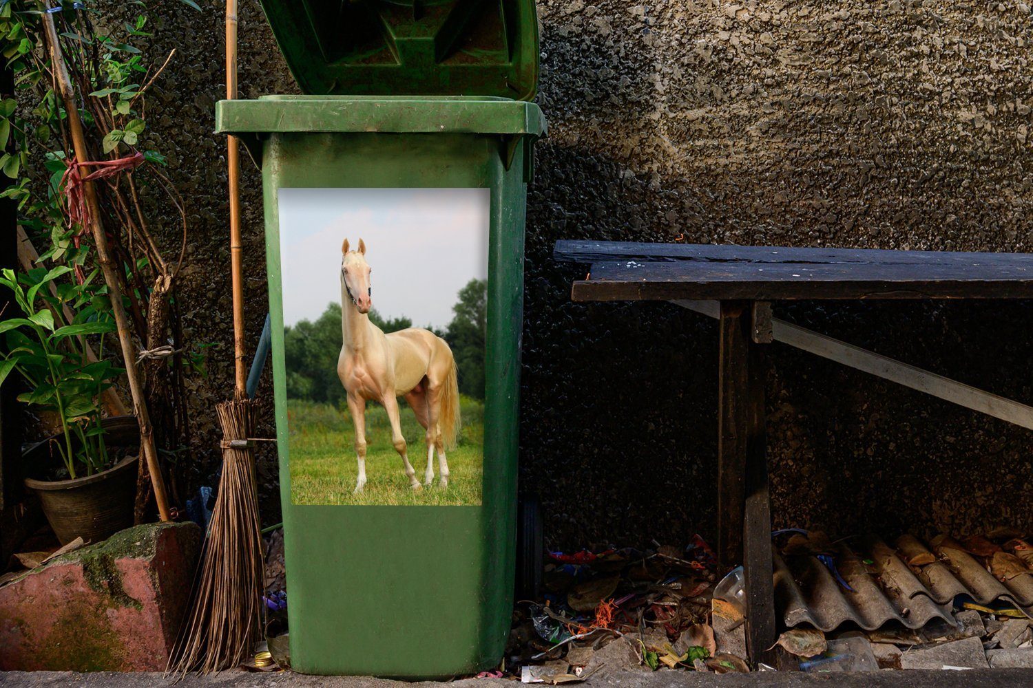 Container, Wandsticker - Sticker, Farben (1 Mülleimer-aufkleber, - MuchoWow Pferde Gras Abfalbehälter Mülltonne, St),