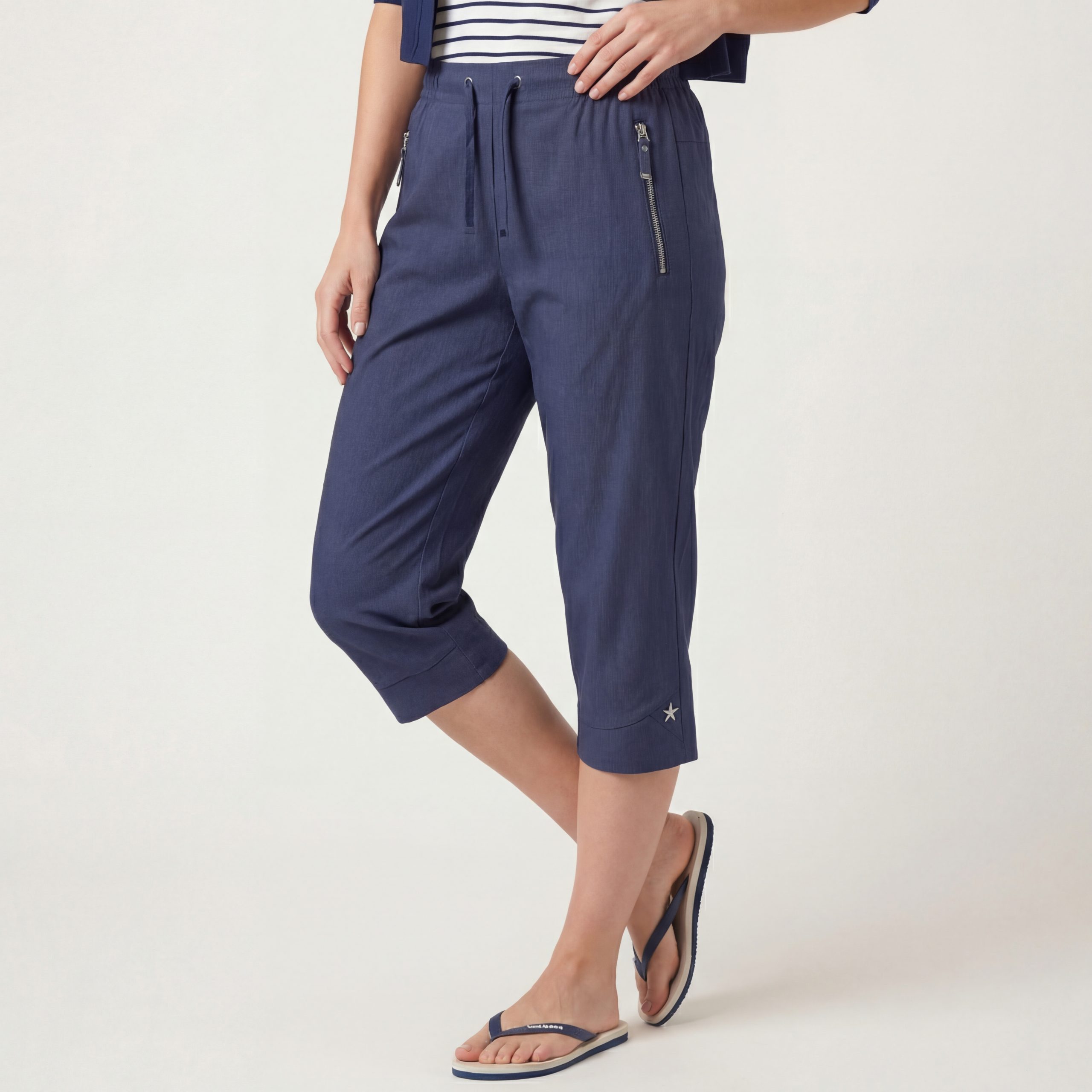 Caprihose Damen Sommerhose Nadelstreifen 7/8 Freizeithose mit Gummibund