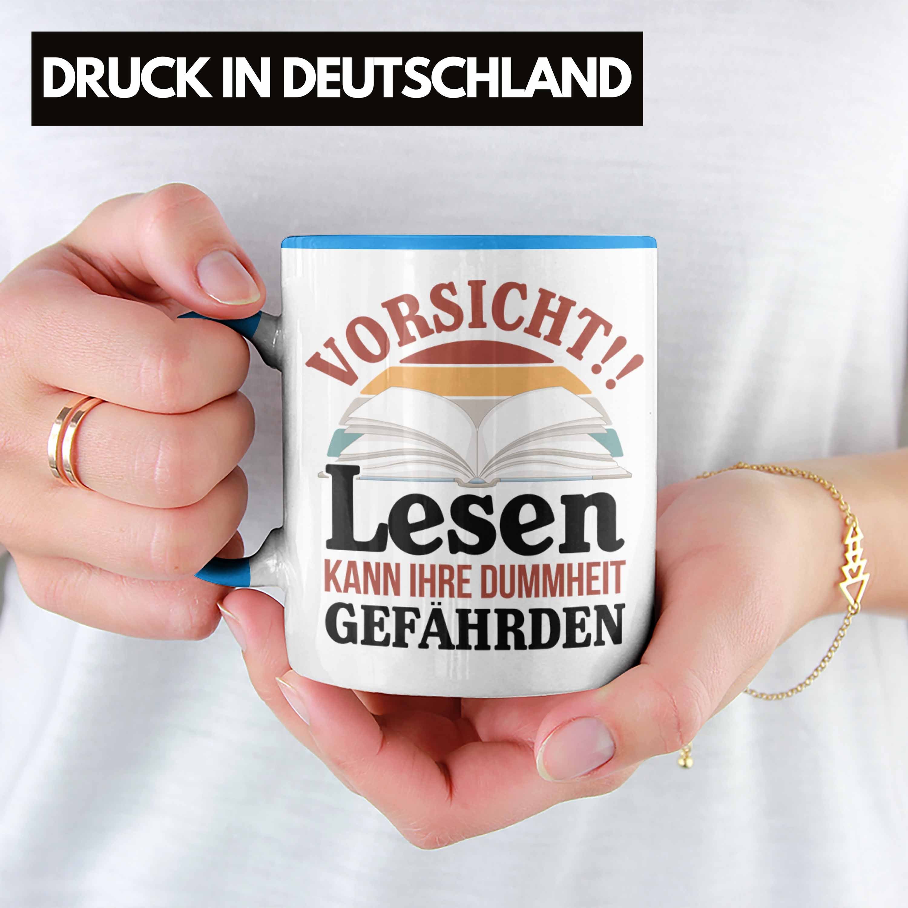 Trendation Kann Bücherwurm Buch Leser Ihre - Trendation Tasse Lesen Dummheit Blau Tasse Spruch Geschenkidee Leseratte Kaffeetasse Lesen Gefährden