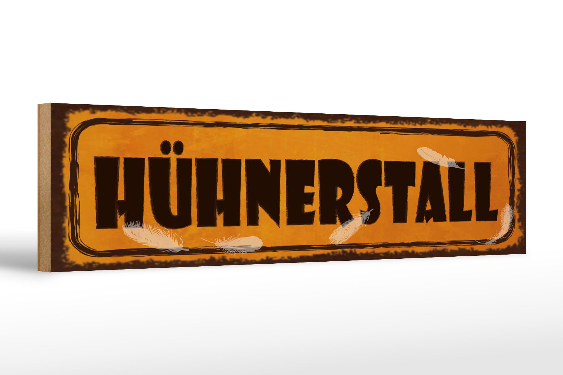 Holzbild Hinweis 46x10 cm Hühnerstall Federn gelbes