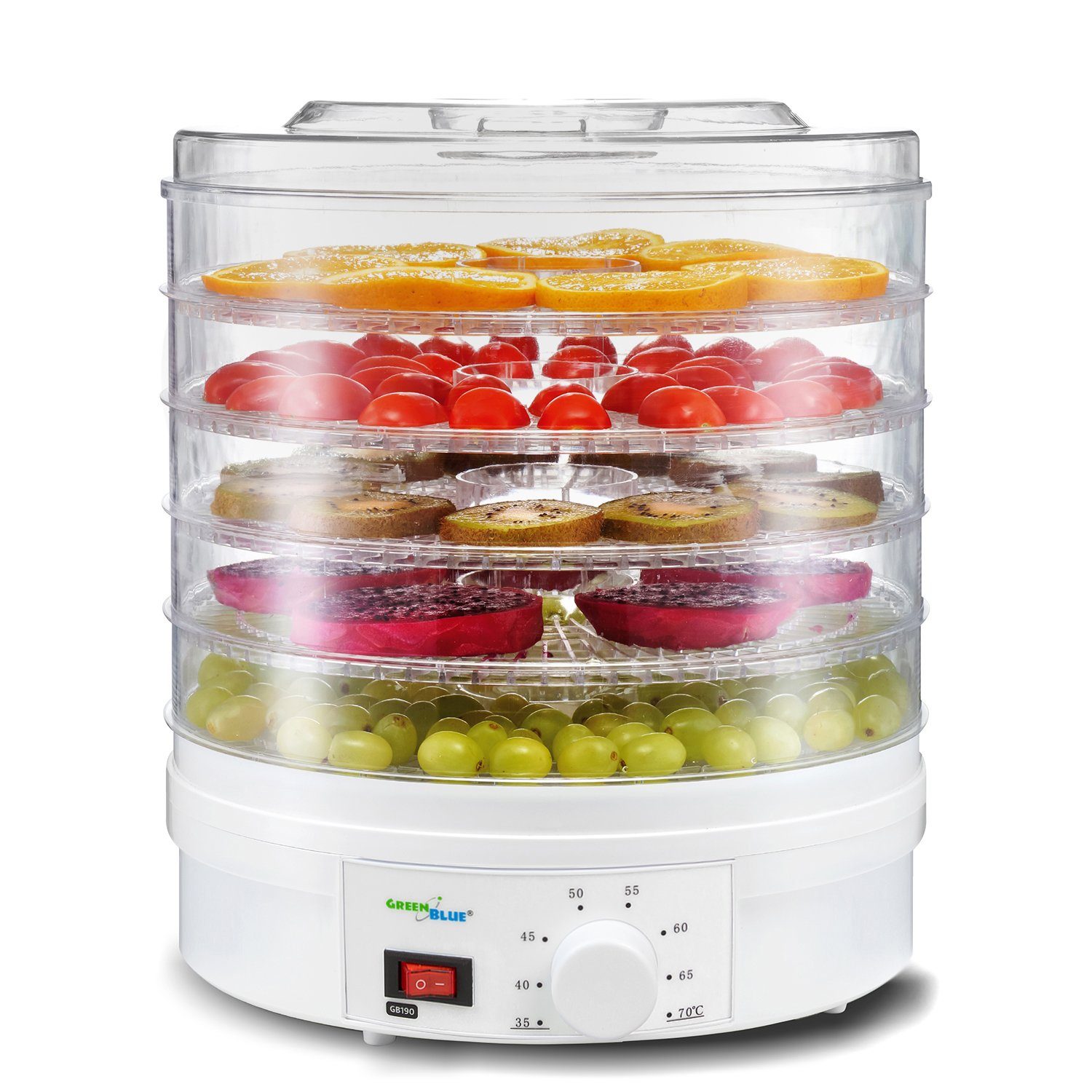 GreenBlue Dörrautomat GB190 250 W, einstellbare Temperatur [35 bis 70 °C]; 5 abnehmbare Ebenen