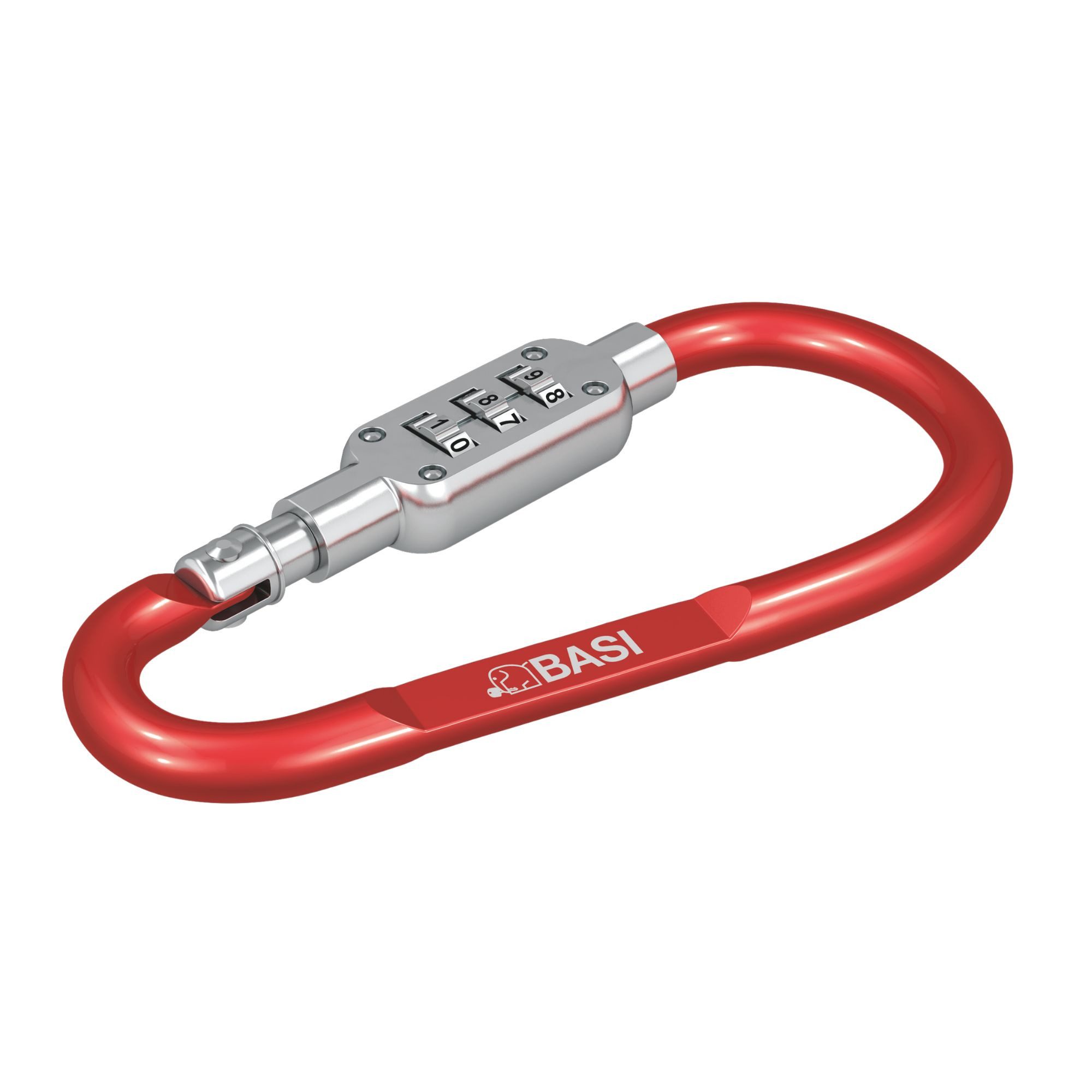 BASI Gürtelhalter Karabinerhaken aus Aluminium L9,5 x B4,5 x H0,6 cm, mit einstellbarer 3-stelliger Zahlenkombination, Farbe Rot